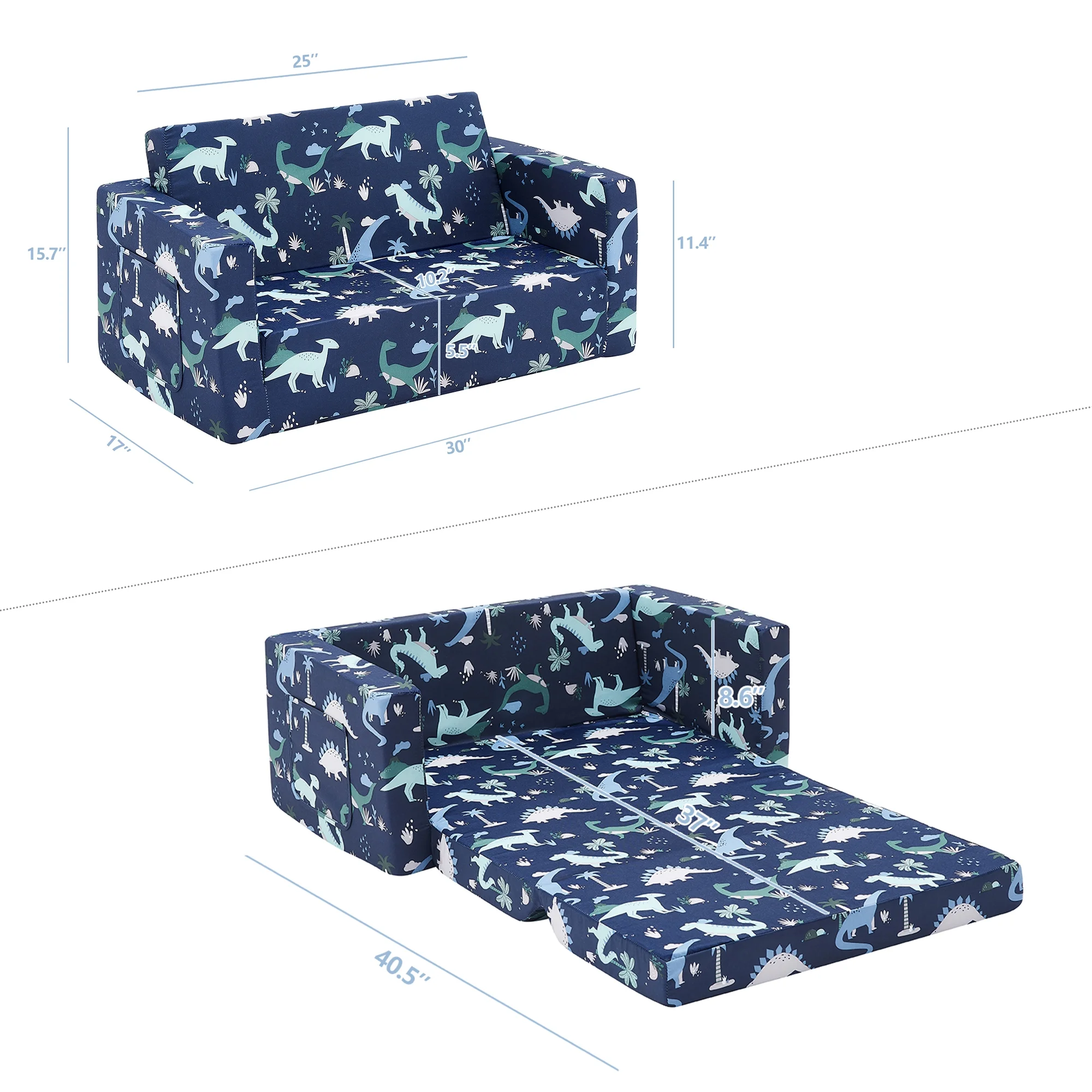 Ulax Furniture Convertible 2-in-1 Flip Open Kids Loveseat/ Couch/ Sleeper Sofa (Navy Dinosaur)