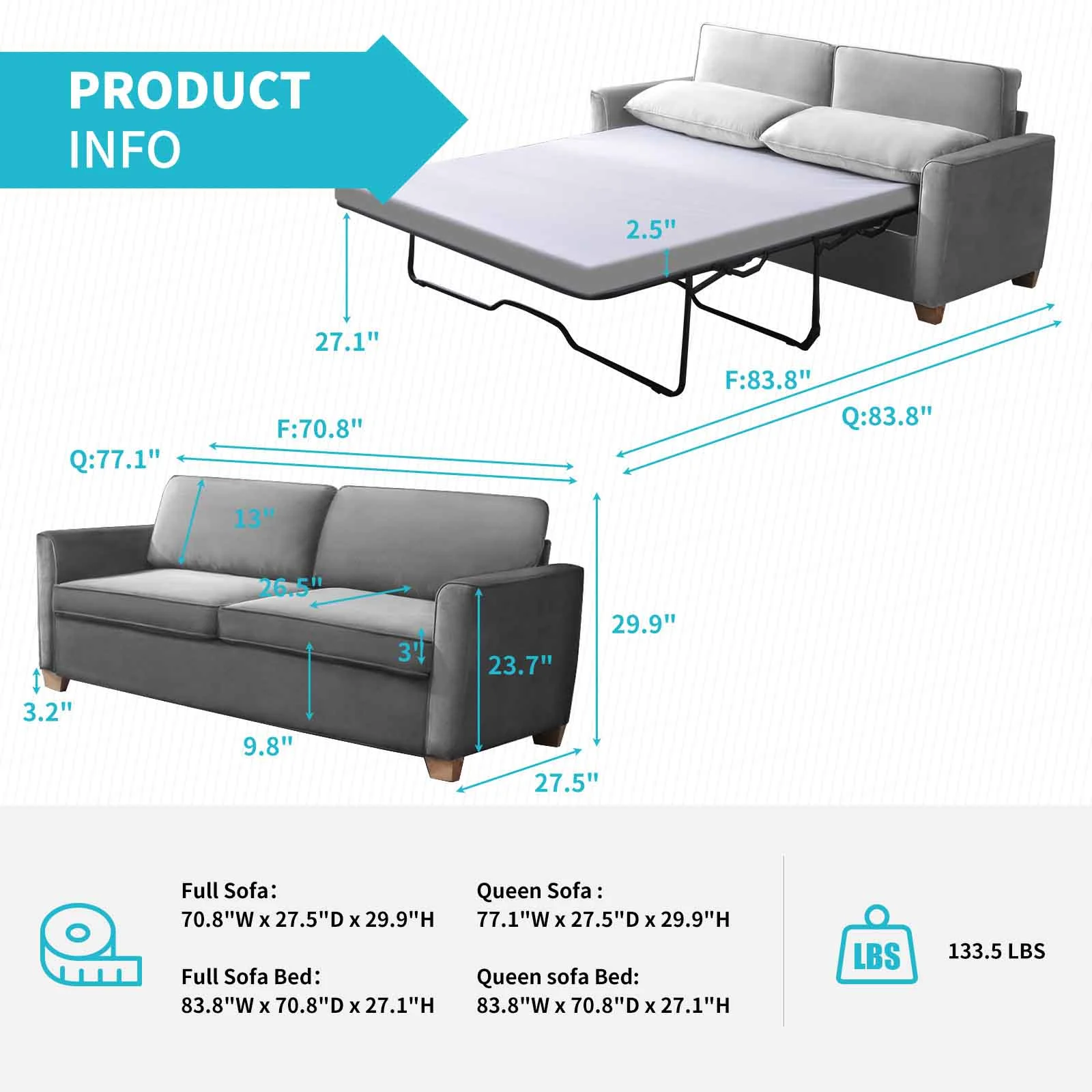 CECER 2-in-1 Pull Out Sofa Bed, Velvet Loveseat Sleeper Sofa Bed with Folding Mattress, Pull Out Couch Bed for Living Room, Full Size Sleeper Sofa for Apartment/Small Spaces- Grey