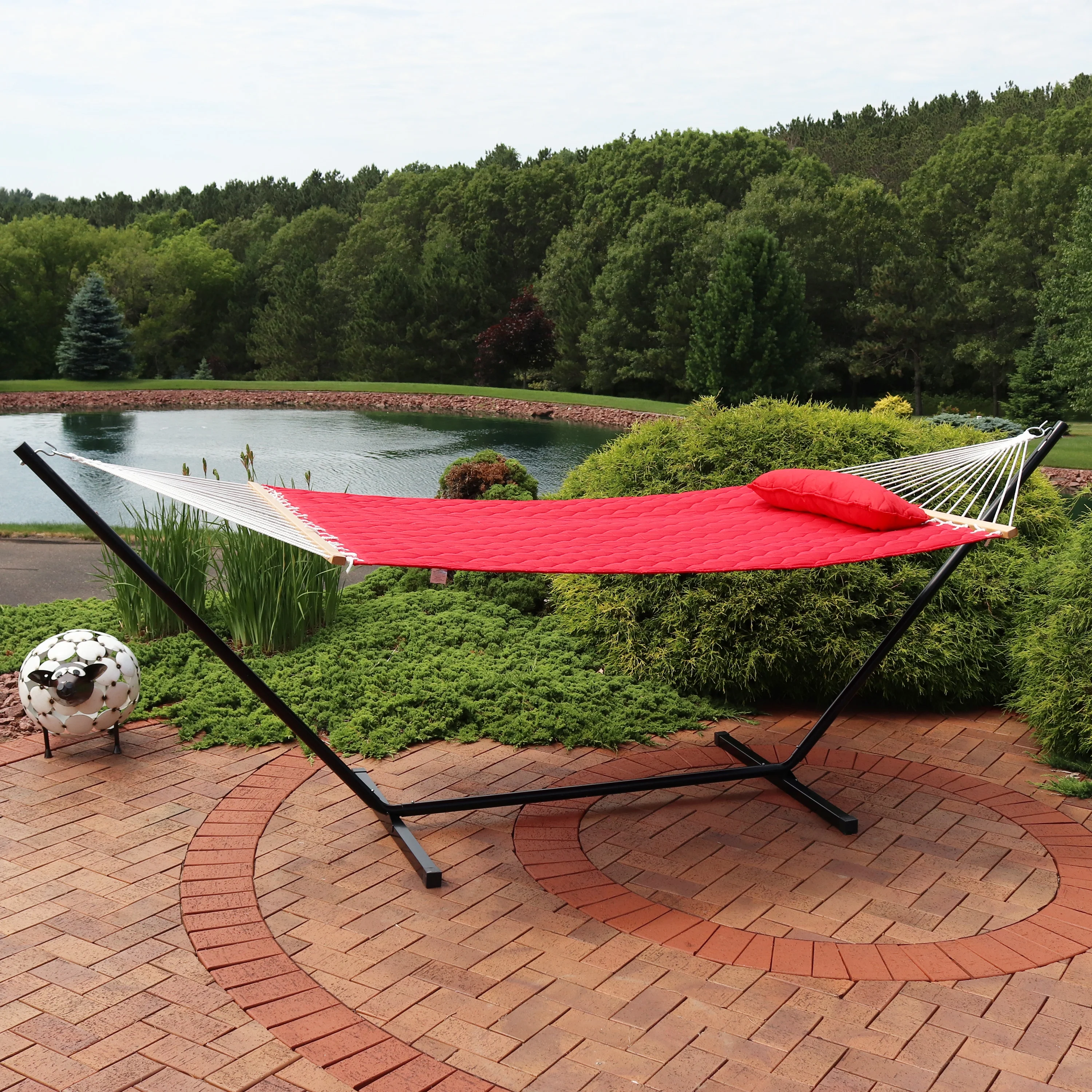 Sunnydaze Quilted Fabric 2-Person Hammock with Pillow and Stand - Red