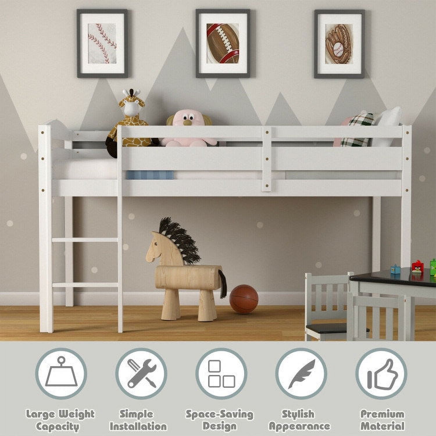Wooden Twin Low Loft Bunk Bed with Guard Rail and Ladder