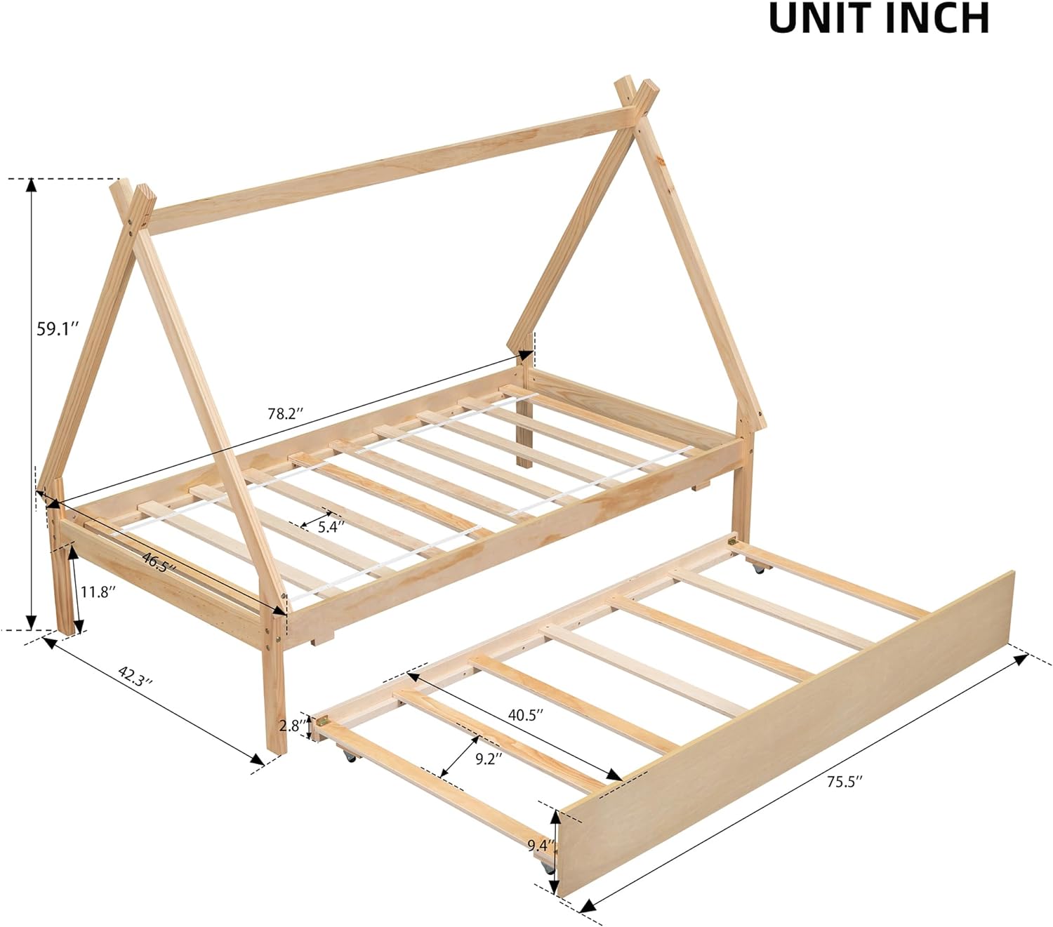 Size Tet Bed For Kids, Teepee Bed Frame With Trudle,Wood Motessori Bed For Girls Boys Bedroom Furiture, atural