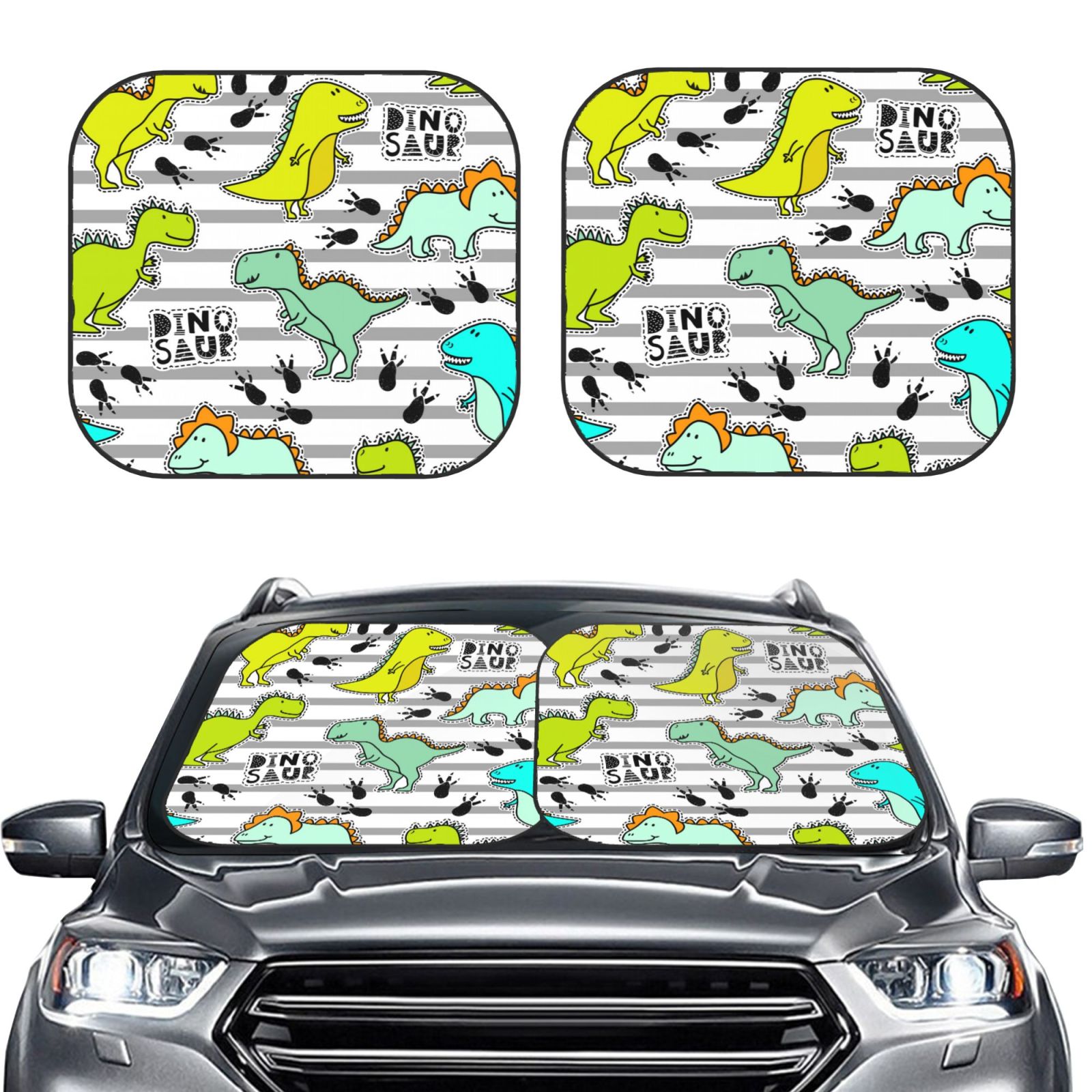 Lukts Funny Dinosaurs On Stripes Print 2 Piece Car Sun Shade Windshield,Foldable Car Shade Front Windshield With Keeps Your Vehicle Cool, For Most Sedans Suv And Trucks - Small