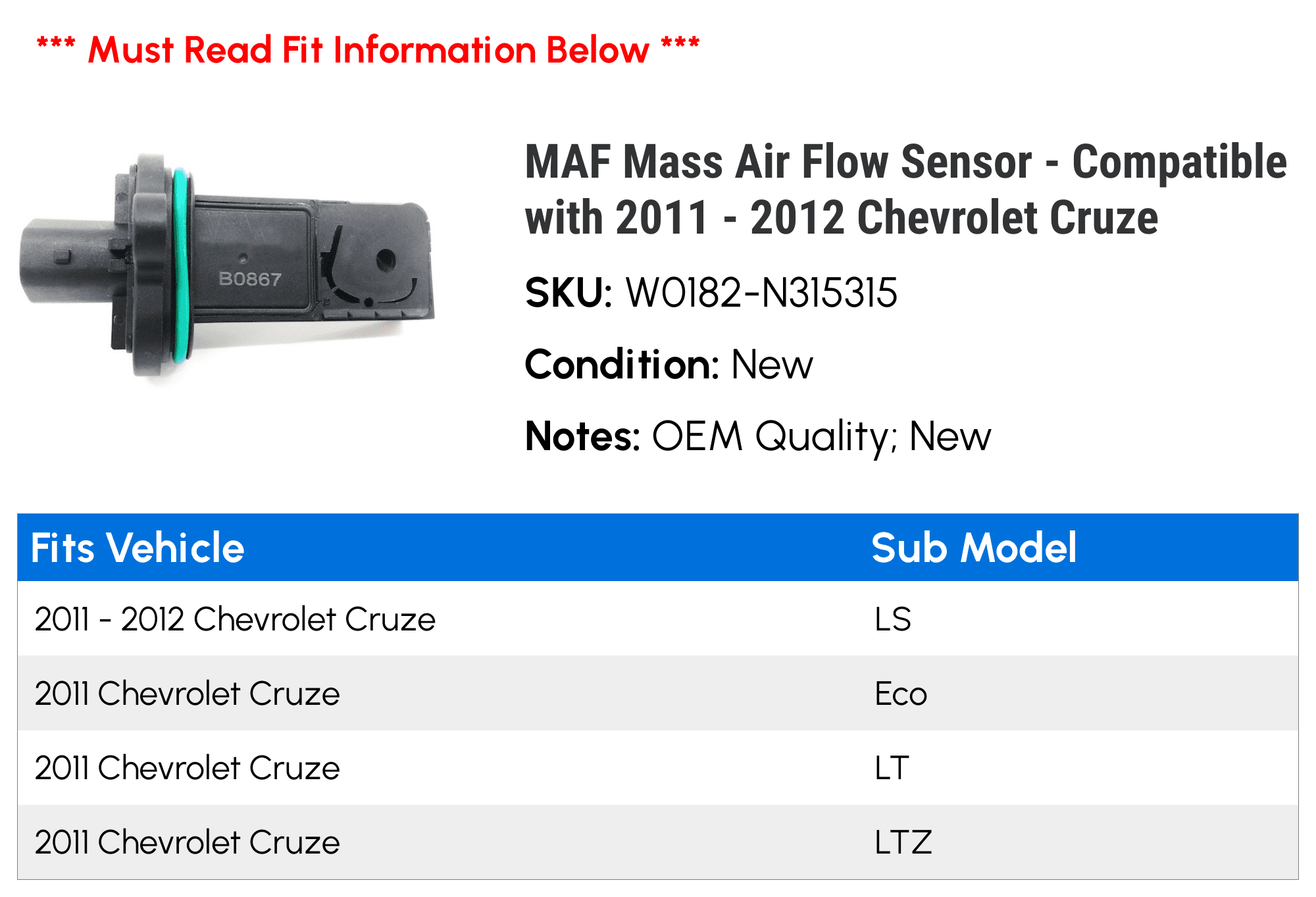 MAF Mass Air Flow Sensor - Compatible with 2011 - 2012 Chevy Cruze