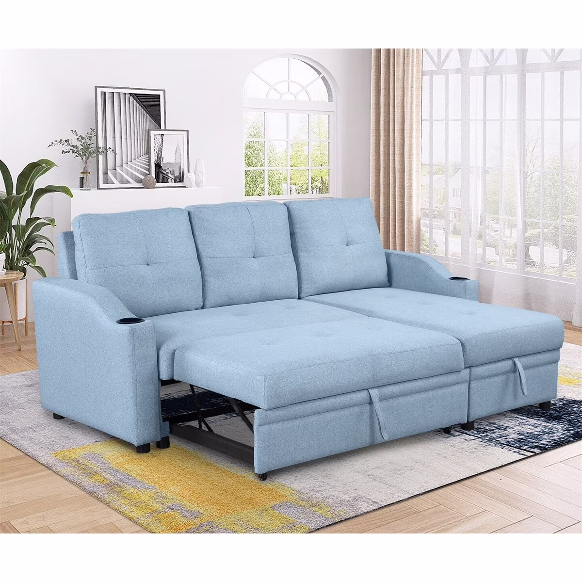 MERAX  Modern Pull Out Upholstered Sofa Bed with Storage Chaise and Cup Holder Blue