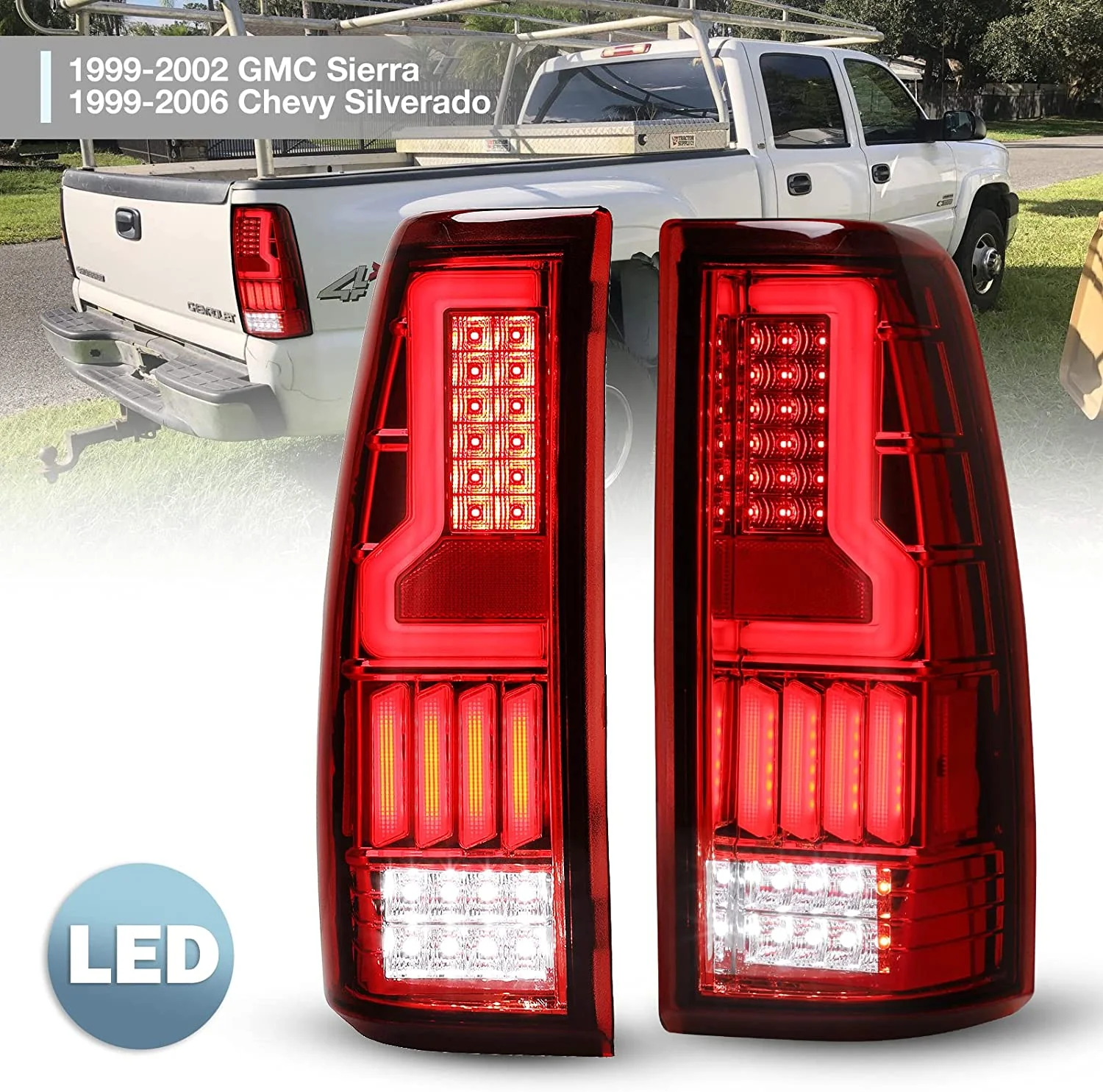 Tail Lights Assembly for 1999-2006 Chevy Silverado, 1999-2003 GMC Sierra Off Road Series for DRL LED Tail lights, with Led Turn Signals/ Brake Running Lights 1 Pair Left + Right (Red)