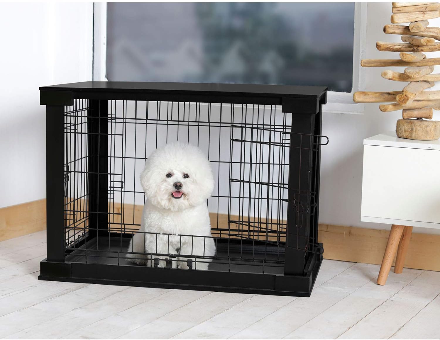 Products 2 Door Decorative  Kennel With Wooden Protection Cover, Divider Insert,  Removable Tray End Or Side Table, Black