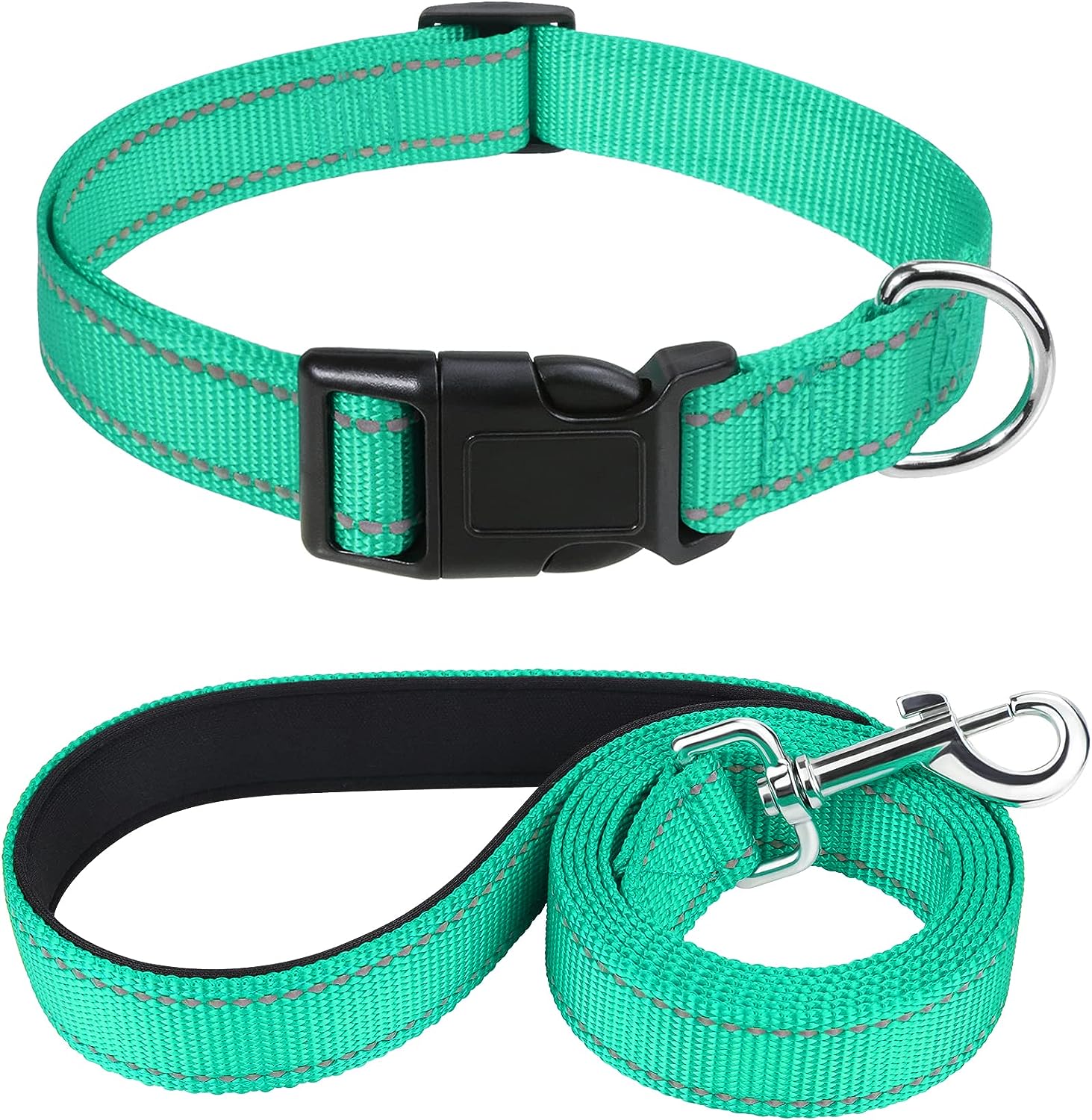 Dog Collars and 5FT Double-Sided Reflective Dogs Leash Set, Nylon Material for Walking and Traning Suit for Medium & Large Dogs, Teal
