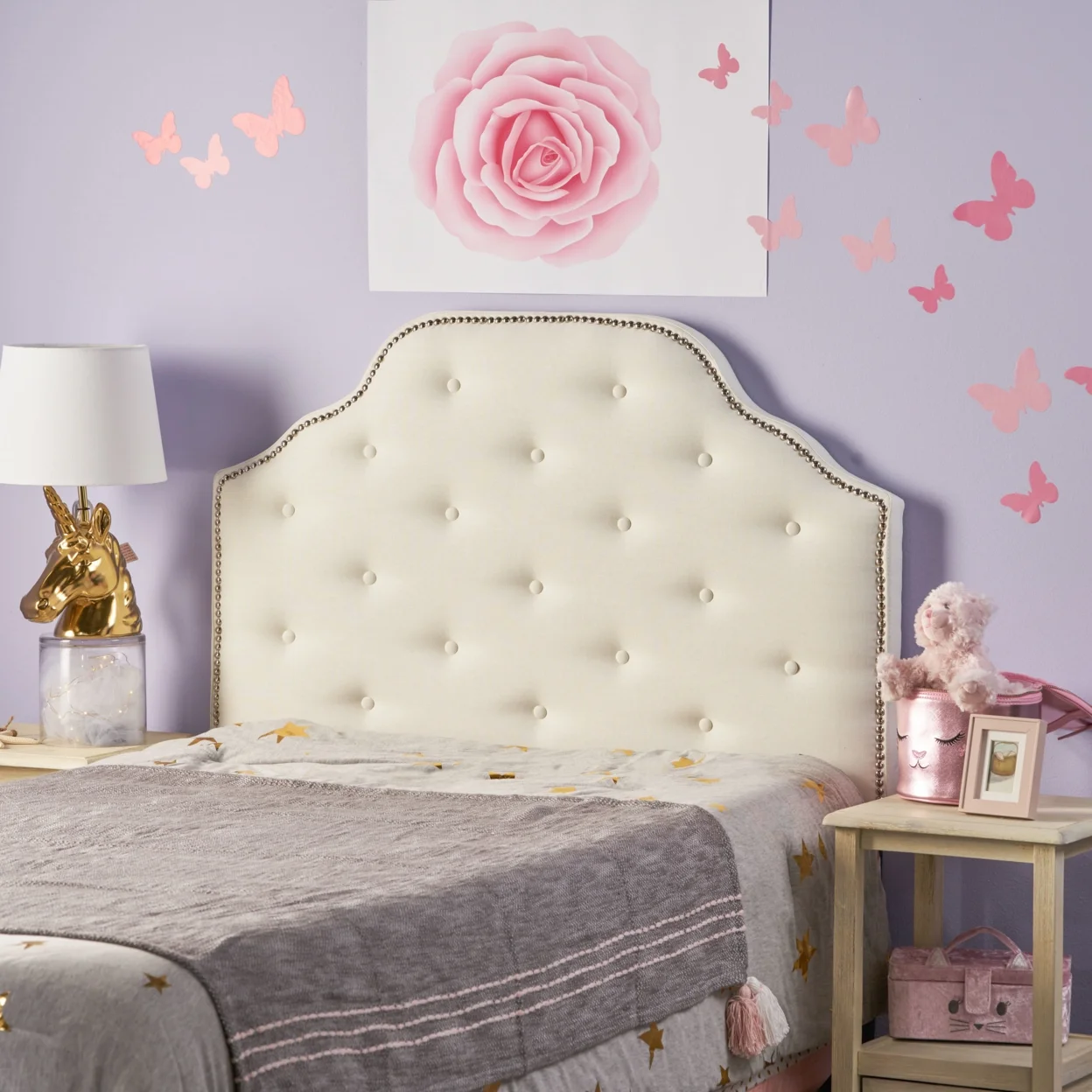 GDF Studio Gaius Contemporary Fabric Tufted Twin Headboard with Nailhead Trim, Ivory