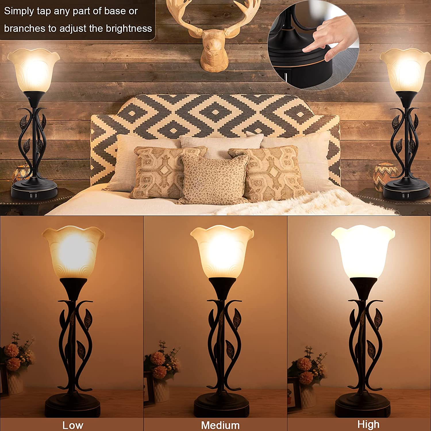 Table Lamp,Bedside Lamps Set of 2, Table Lamp with USB Port 3 Way Dimmable Touch lamp Torchiere Nightstand Lamps with Rustic Vines Leaf and Glass Flower Shade lamp for Bedroom, Living Room, Office