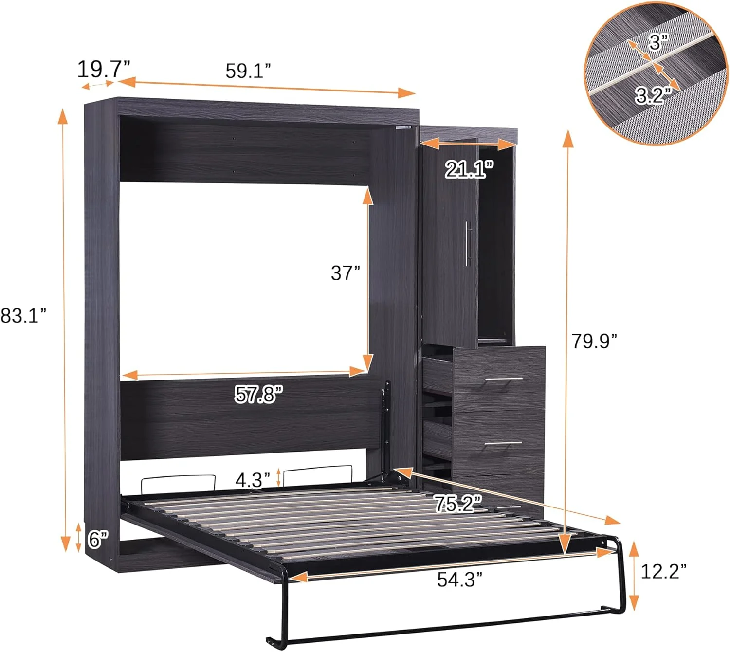 Full Size rphy Bed Wih Wardrobe Ad Drawers, Full Size Sorage Bed, Ca Be Folded Io A Cabie, Full Plaform Bed, Gray