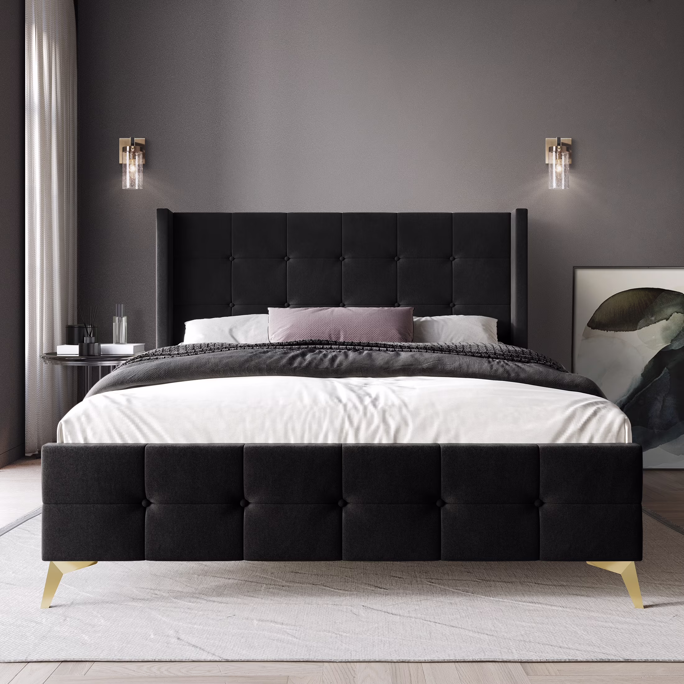 Castle Place Luxury Glam King Size Velvet Upholstered Bed, Black