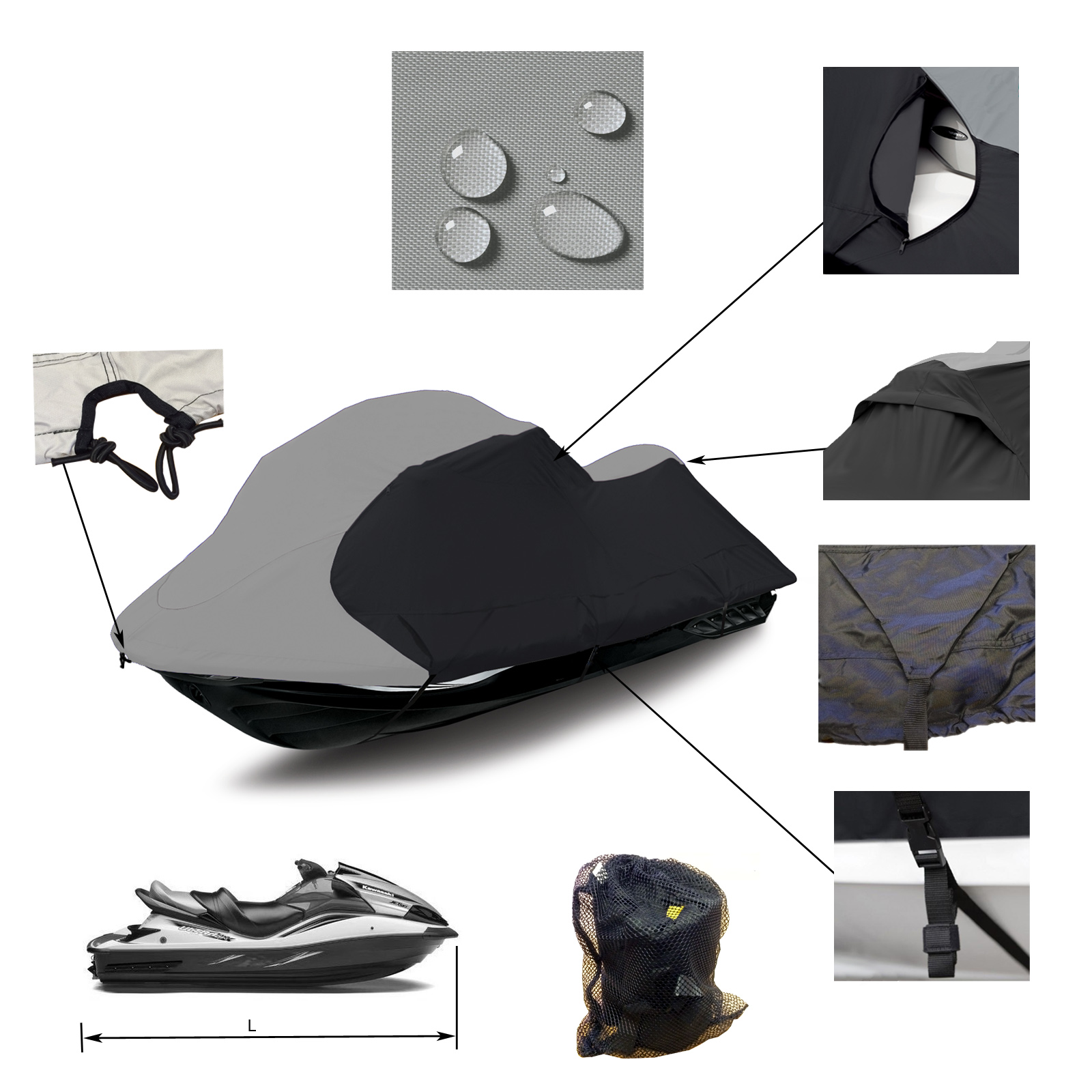 Jetpro Gray/Black Jetski Cover Polaris Sea Doo Yamaha Kawasaki PWC Jet Ski Cover 136”-145” Grey