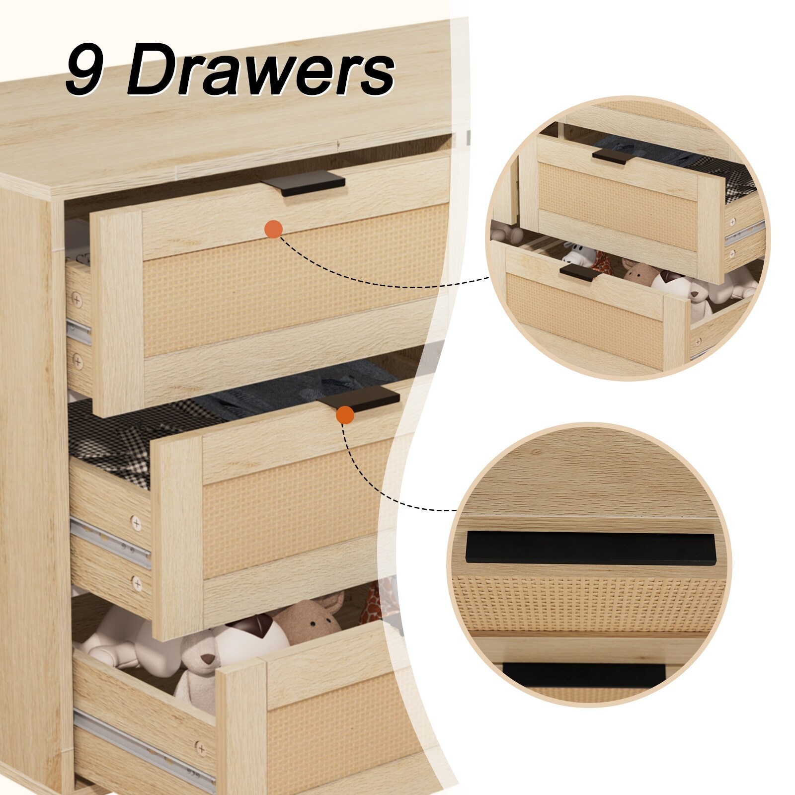 HKBFDC023AK0TR Chest Of Dresser Storage Tower Cabinet Bedroom Organizer Rattan 9-drawer