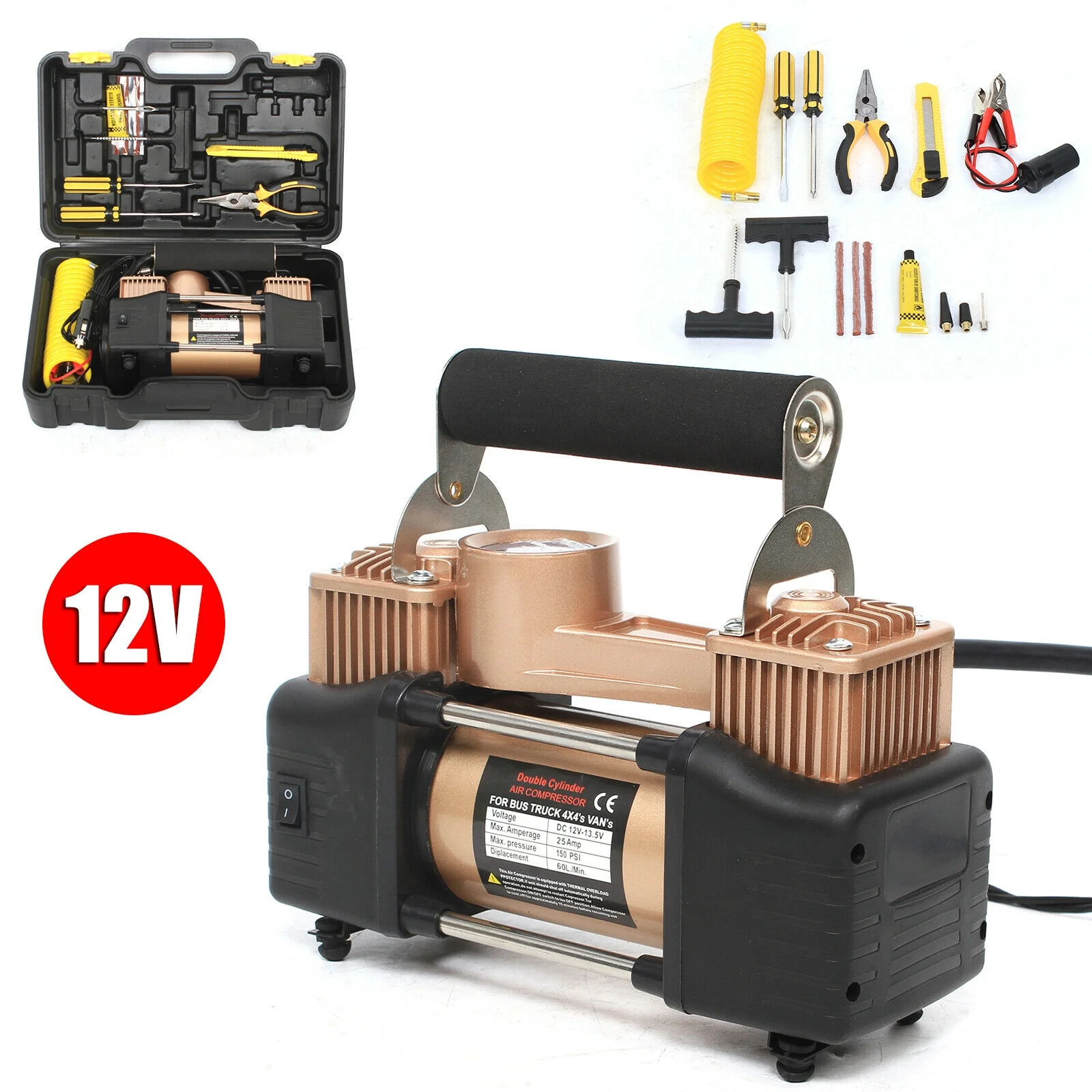 Colorfullrain 12V Double Cylinder Air Pump Compressor Heavy Duty Car Auto Tire Inflator 150PSI