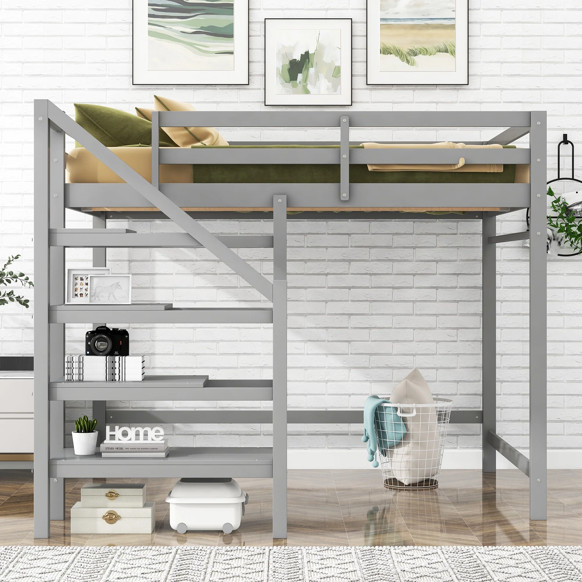 Euroco Wood Full Size Loft Bed with Shelf and Hanger for Kids Bedroom, Gray