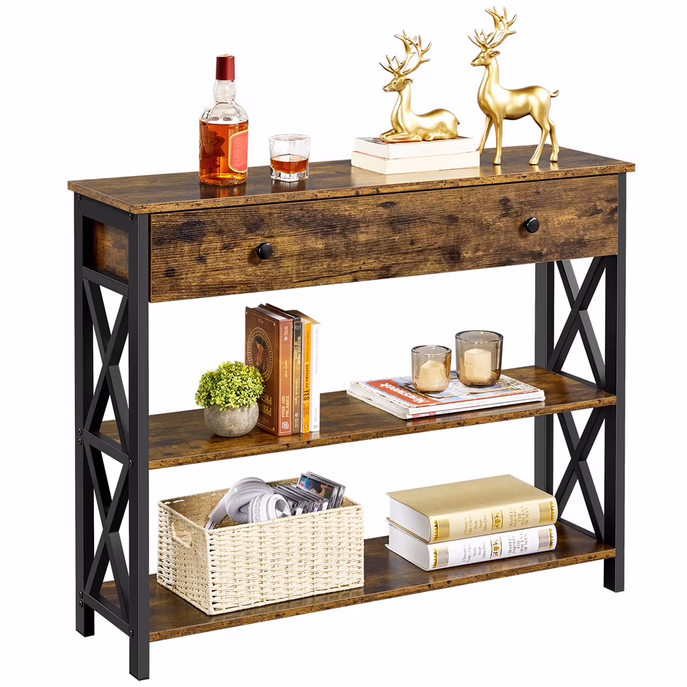 Smile Mart Wooden Entryway Console Table with Storage Drawer, Rustic Brown