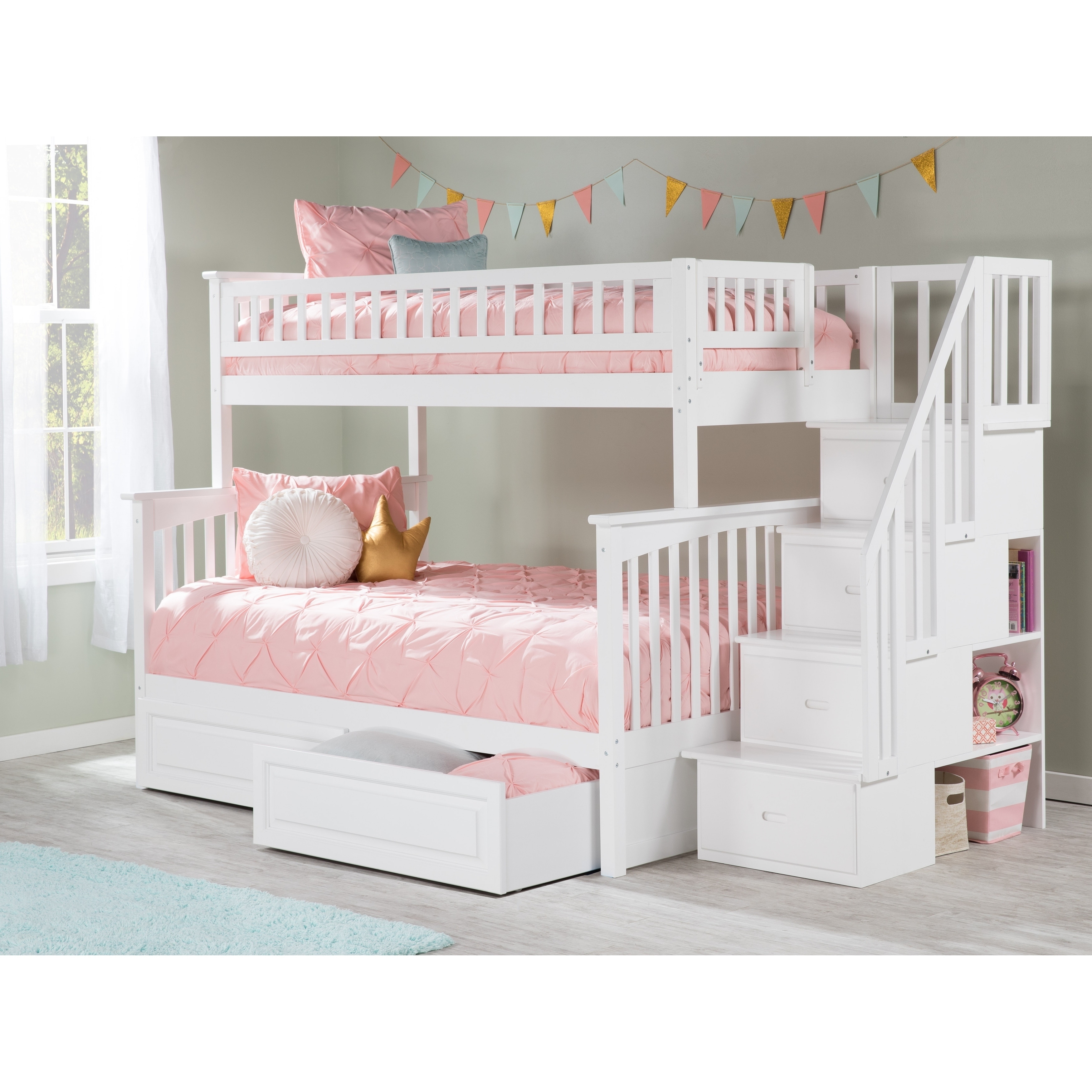 AFI Columbia Staircase Bunk Bed Twin over Full with 2 Drawers in White