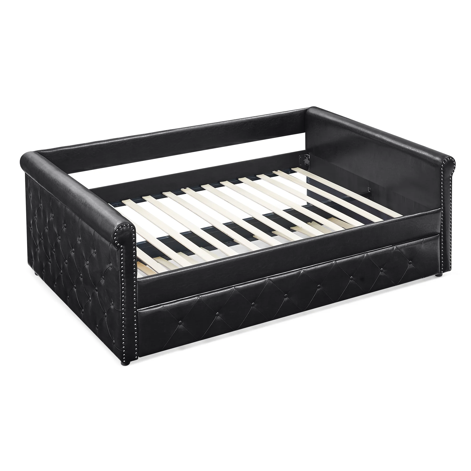 CoSoTower Daybed With Trundle Upholstered Tufted Sofa Bed, With Button And Copper Nail On Arms, Full Daybed & Twin Trundle, Pu Black, 85.5“X57”X30.5“