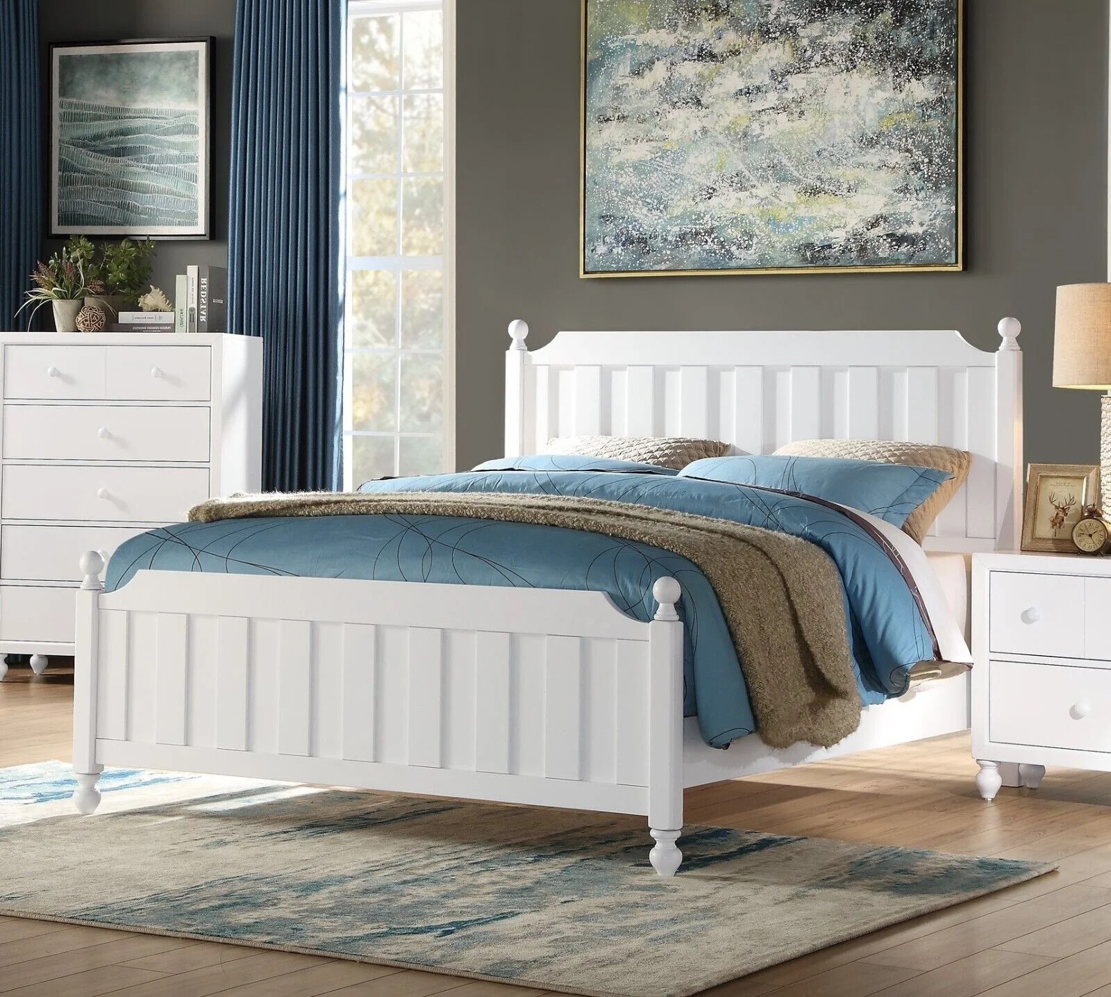 Fresh Modern Look Queen Size Bed 1pc White Finish Ball Finials Top Turned Feet Bedroom Furniture