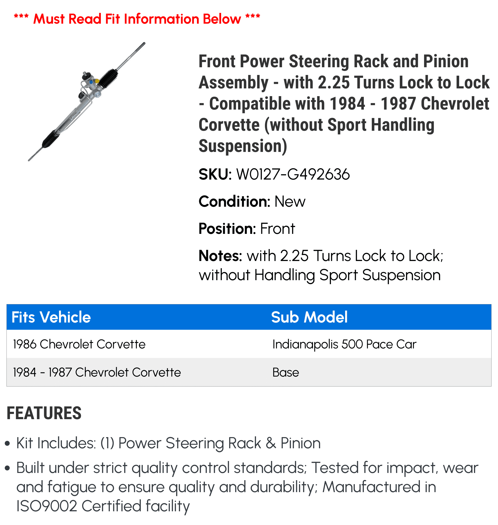 Front Power Steering Rack and Pinion Assembly - with 2.25 Turns Lock to Lock - Compatible with 1984 - 1987 Chevy Corvette (without Sport Handling Suspension) 1985 1986