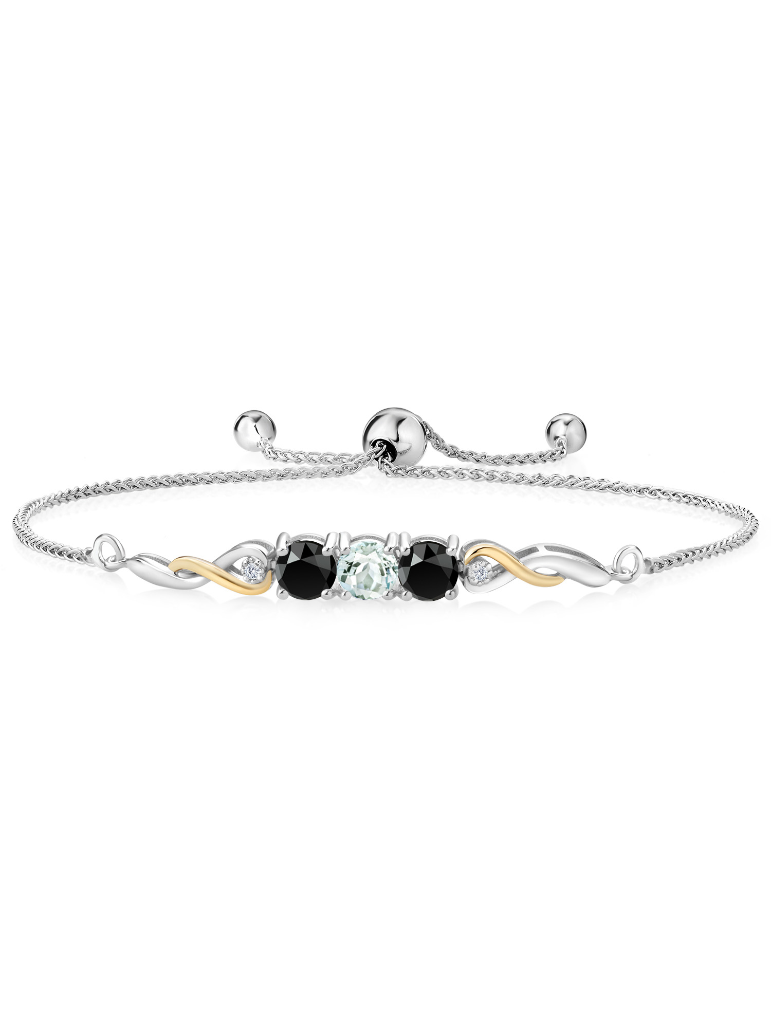 925 Sterling Silver and 10K Yellow Gold Sky Blue Aquamarine Black Onyx and White Lab Grown Diamond Tennis Bracelet For Women (1.47 Cttw, Gemstone March Birthstone, Fully Adjustable Up to 9 inch)
