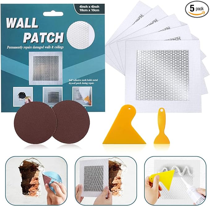 Tahikem 4'' by 4'' Drywall Repair Patch, 5 Pcs Wall Patch Repair Kit, Self Adhesive Wall Mesh Repair, Large Hole Patch for Drywall, Sheet Rock Patch, Aluminum Metal Sheetrock Ceiling Dry Wall Patch
