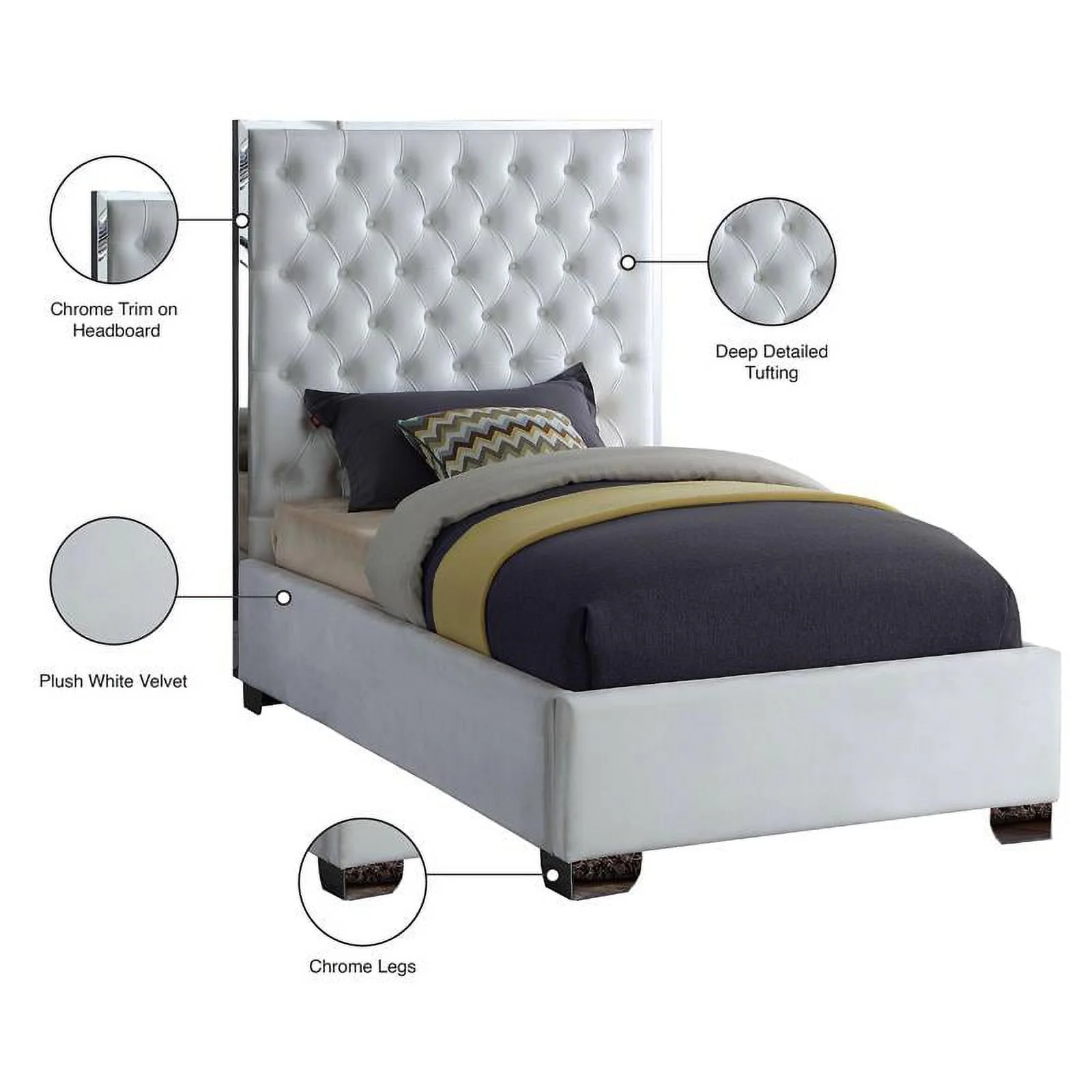 Maklaine 58.5''H x 44''W x 81.5''D Solid Wood and Velvet Twin Bed in White