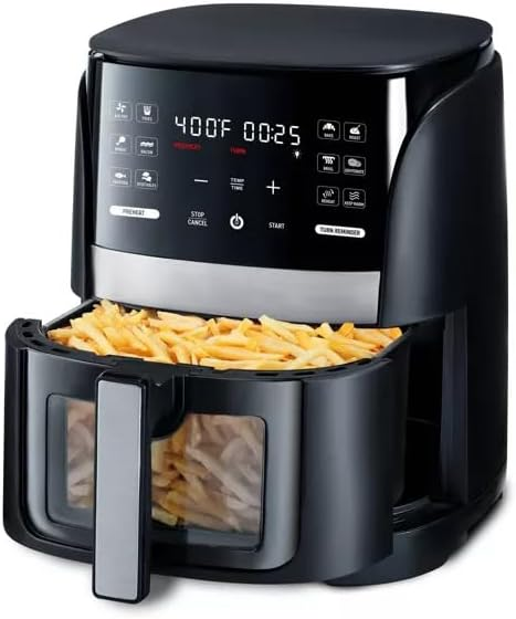 FM 6-Qt Digital Window Air Fryer with 12 Presets & Guided Cooking Black, Easy to Clean, Dishwasher Safe, Nonstick