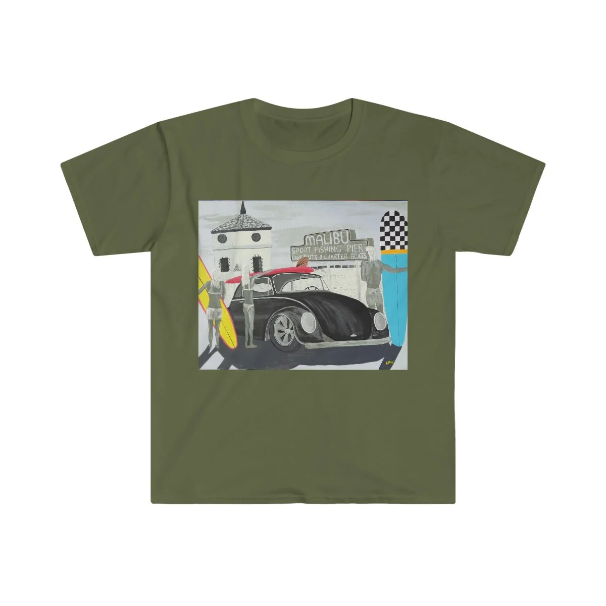 VW Bug at malibu pier Unisex Softstyle T-Shirt