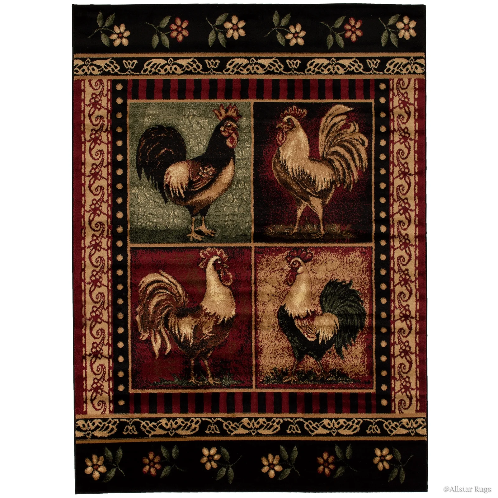 Brown and Red with Four Collated Rooster Images and Floral Frame Area Rug (7' 7