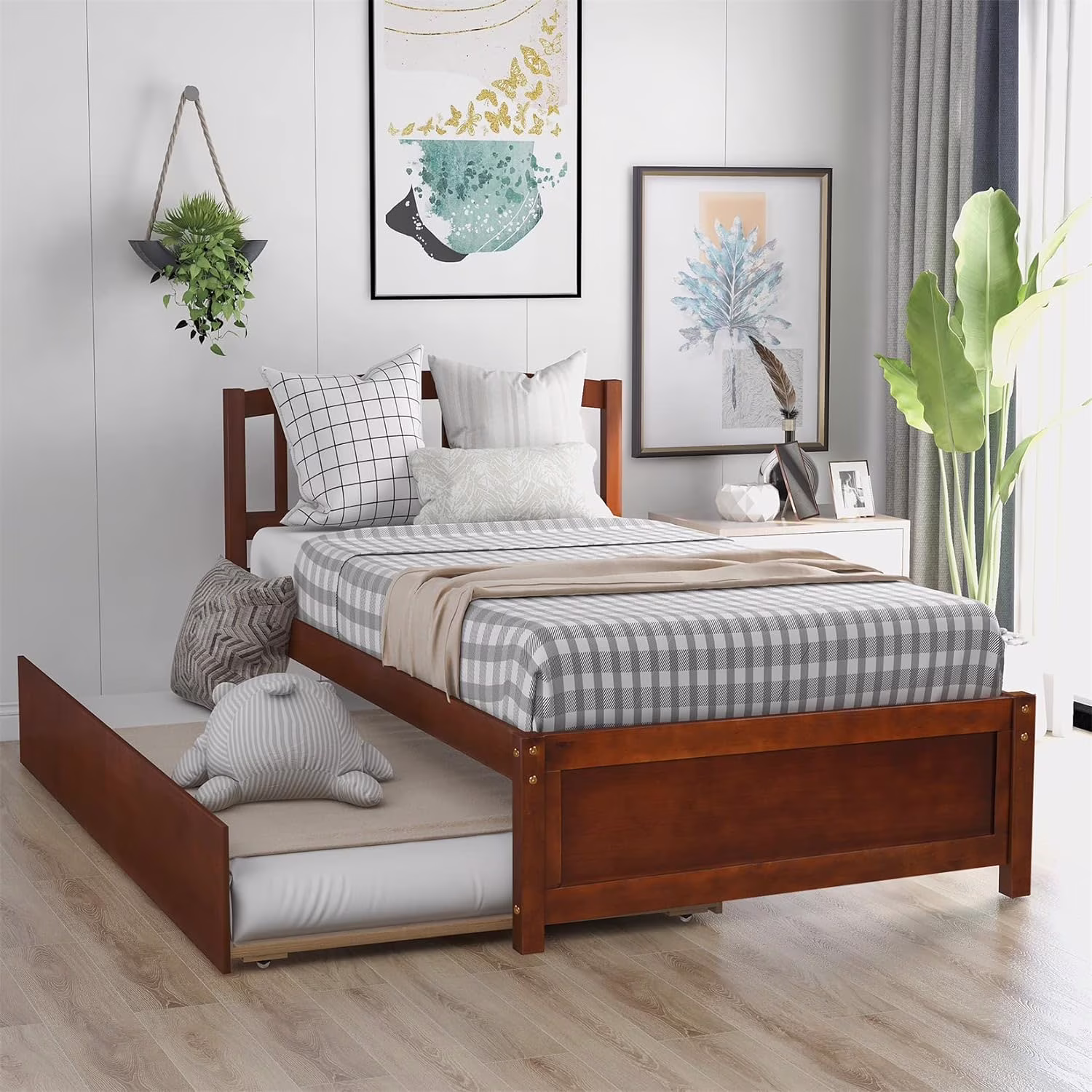 Bed With Trundle Wooden Platform Bed Frame With Headboard Solid Wood Captain Beds For Boys Girls Kids Teens, No Box Spring Needed, Walnut