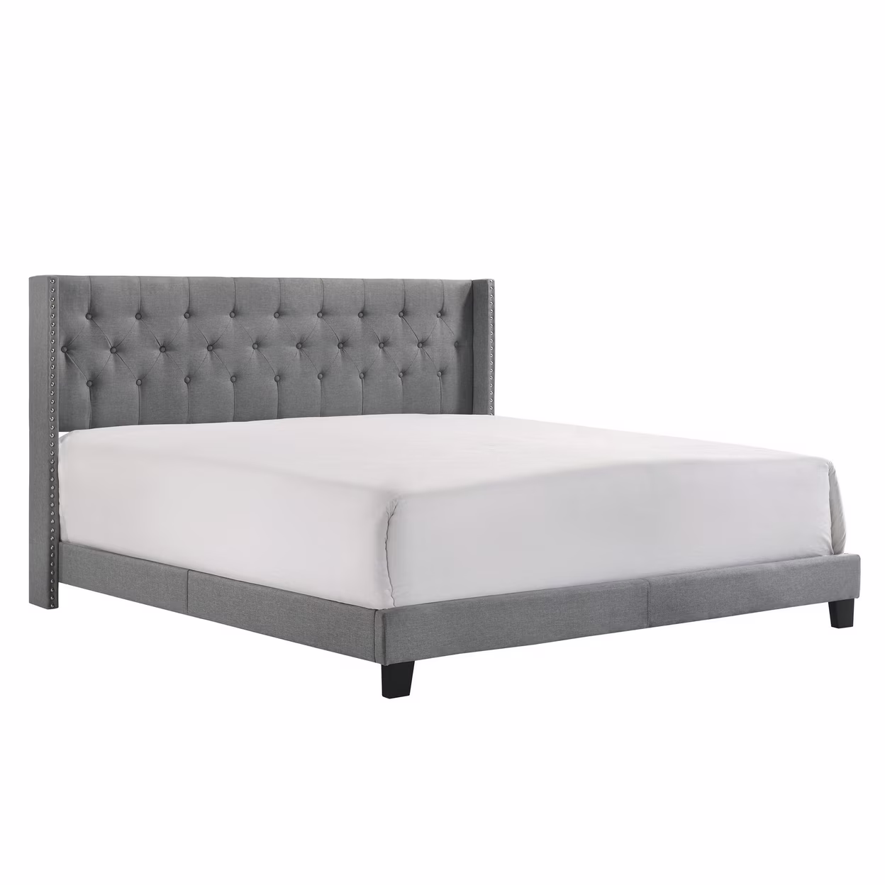Lih Modern Wingback King Bed, Button Tufted Headboard, Nailhead Trim, Gray- Saltoro Sherpi