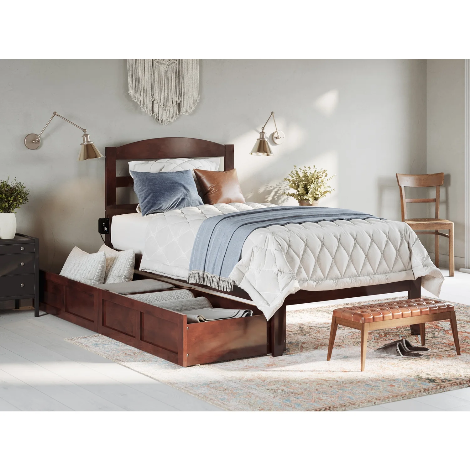 AFI Warren Solid Wood Twin Extra Long Bed w/ 2 Drawers in Walnut