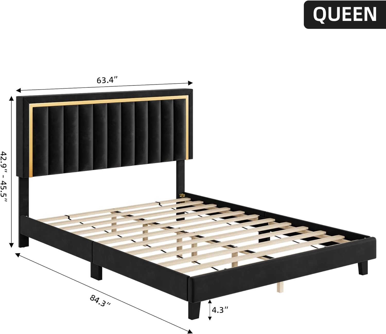 WAGEE Queen Size Bed Frame, Velvet Upholstered Platform Bed with Adjustable Headboard, Heavy Duty Mattress Foundation, No Box Spring Needed, Noiseless Design in Black
