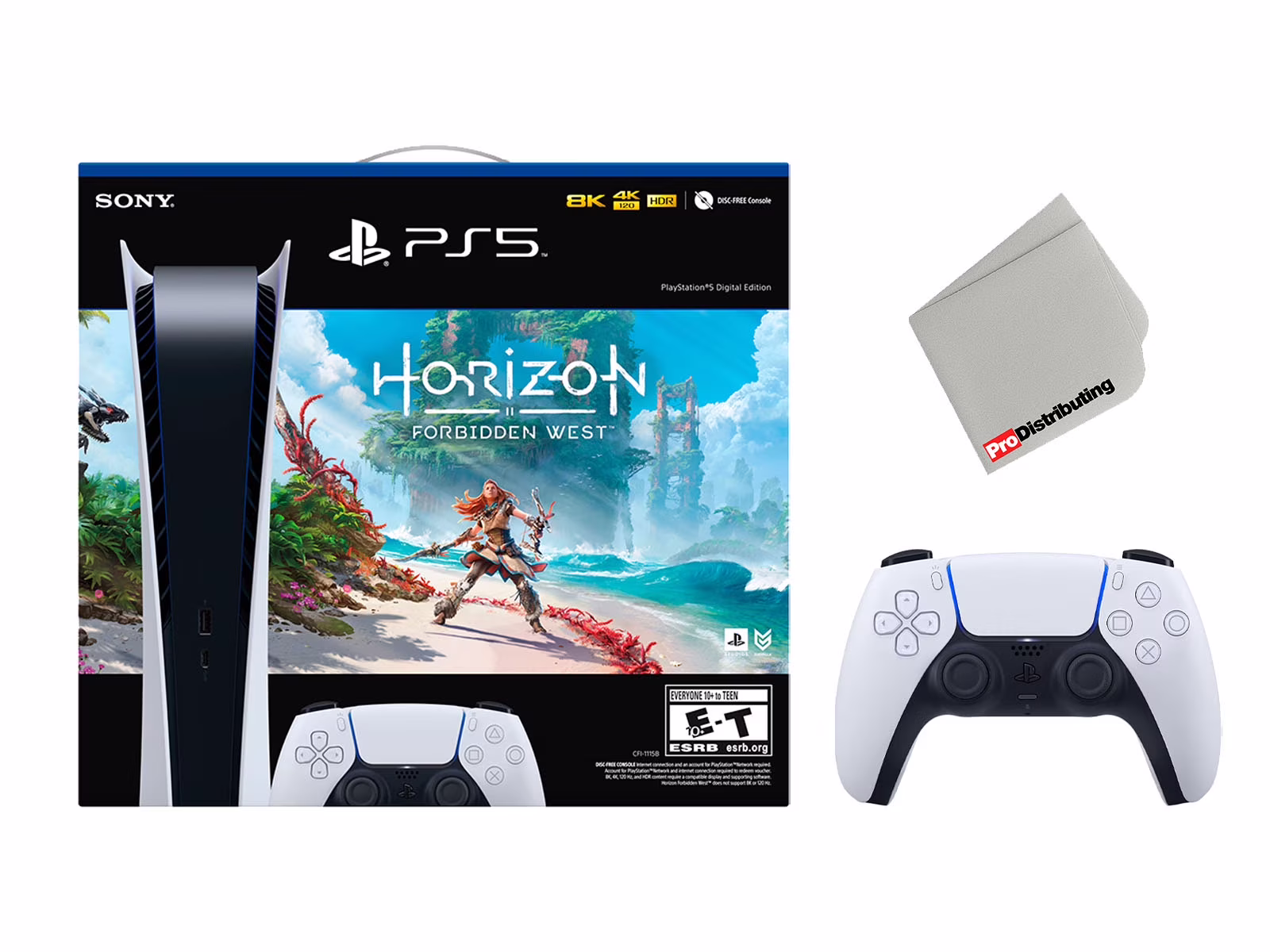 Sony Playstation 5 Digital Edition Horizon Forbidden West Bundle with Extra White Controller and Microfiber Cleaning Cloth