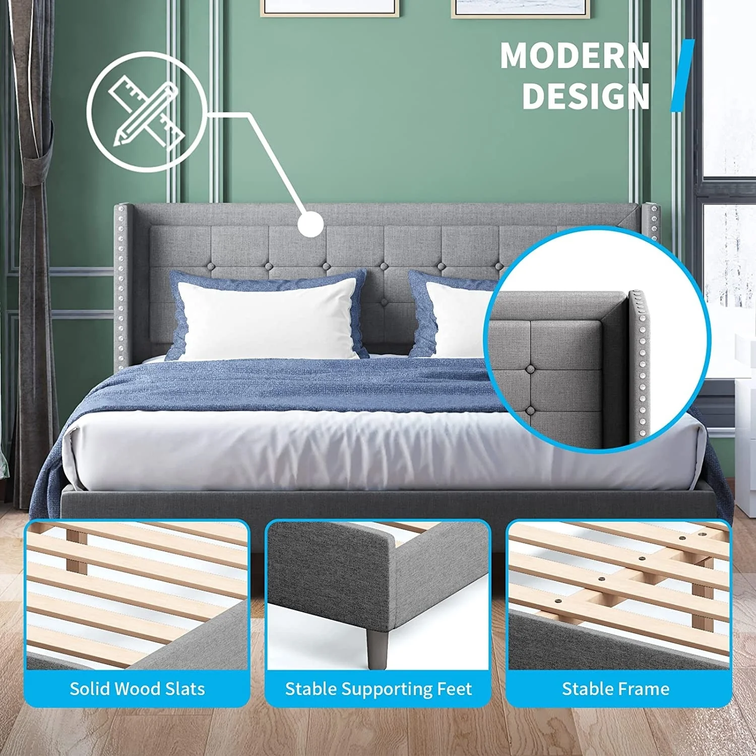 Mixoy Thin Velvet Bed Frame with Button Tufted Design Headboard Dark Grey - King