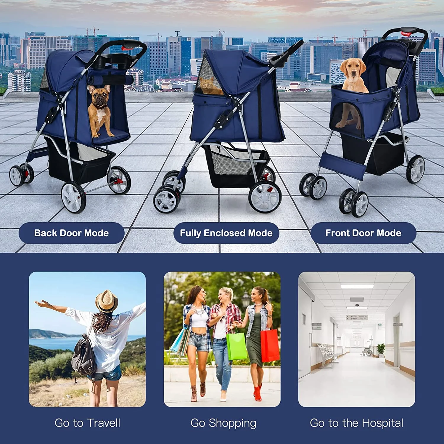 Folding Dog Stroller, Pet Stroller for Small Medium Dogs Cats Puppy, 4 Lockable Wheels Cat Stroller Travel Carrier Strolling Cart with Safety Belt, Removable Liner and Storage Basket (Navy)