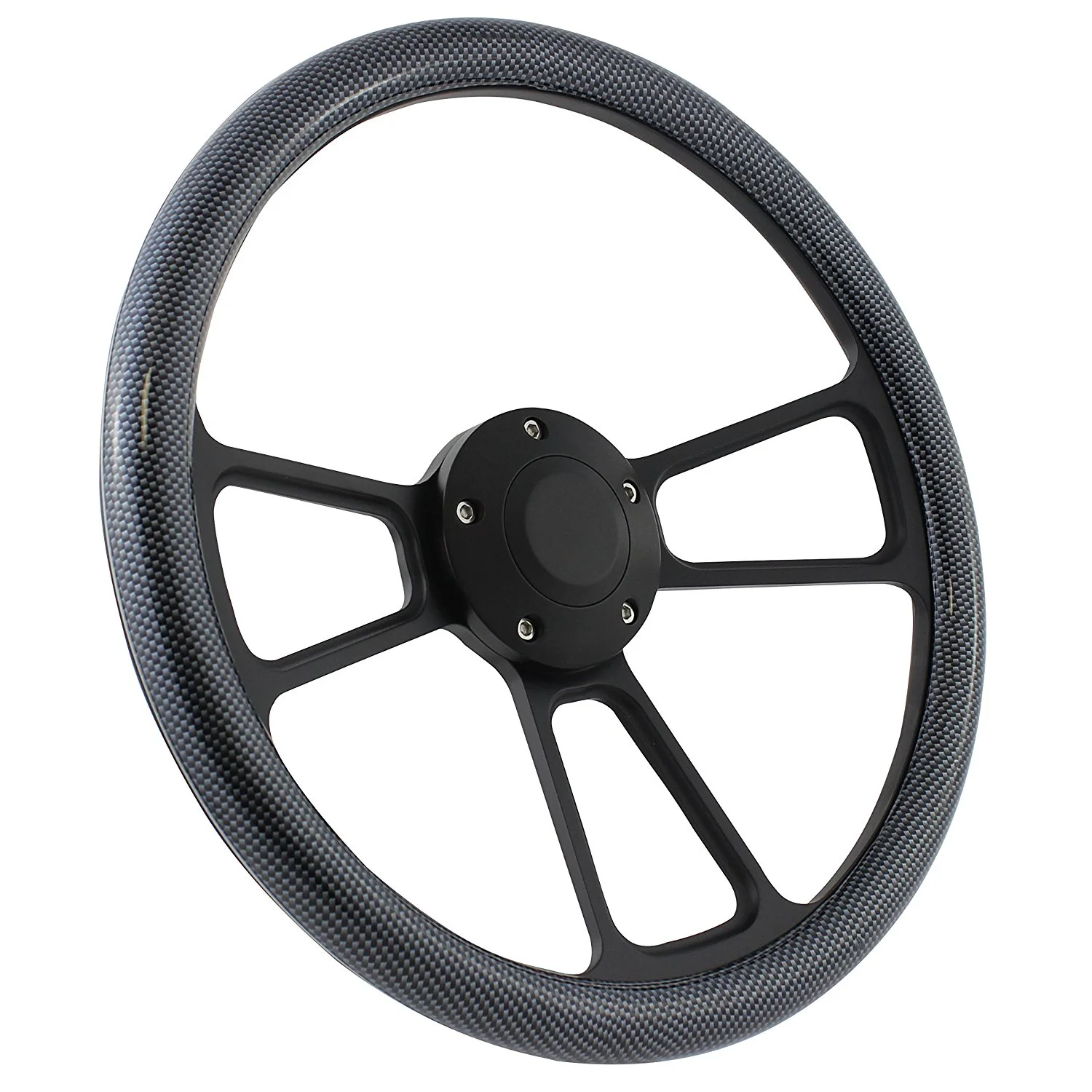 Black Boat Steering Wheel 14 Inch Aluminum With Carbon Fiber Vinyl Half Wrap, Horn Button, and Installation Adapter