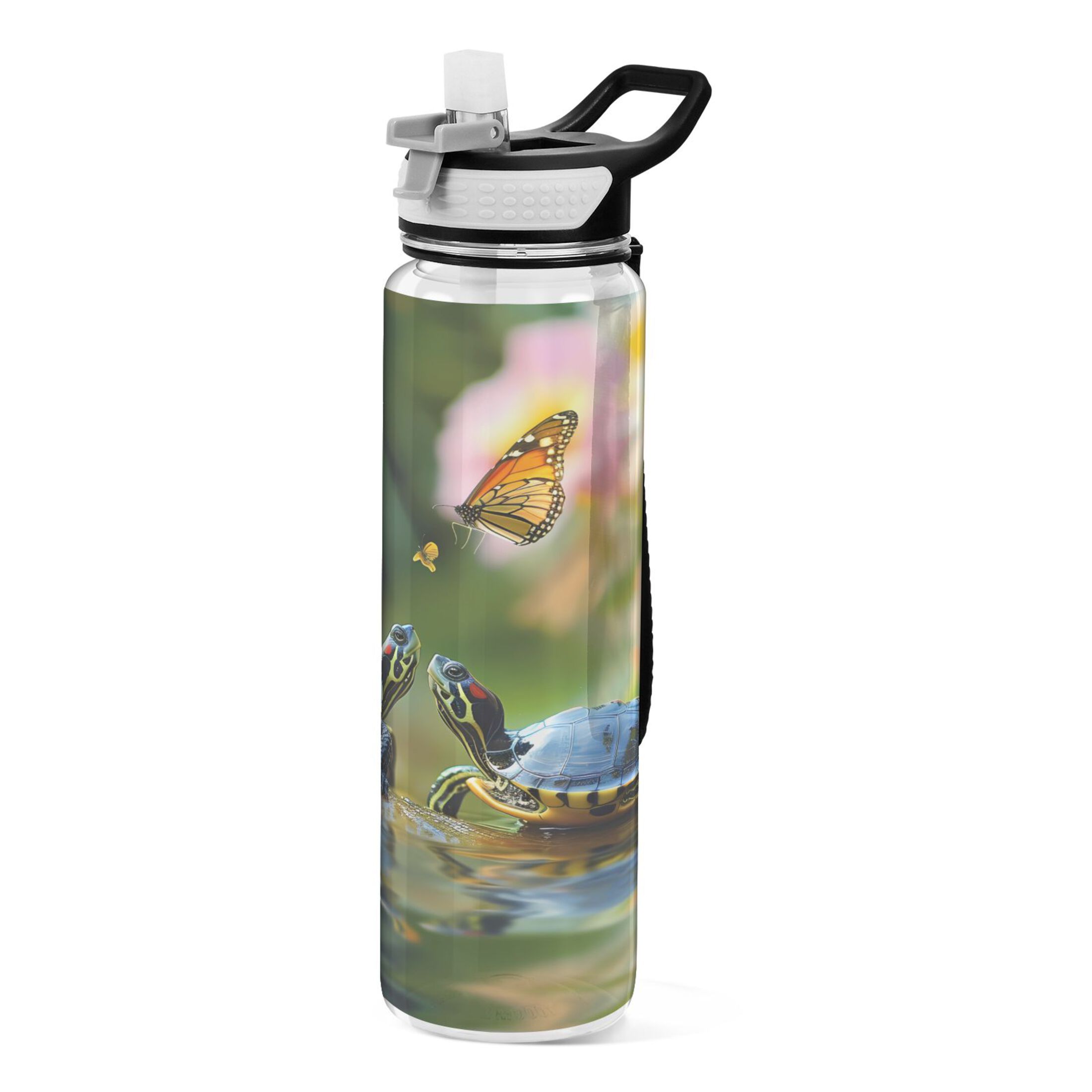 Turtles Butterfly 32oz Sports Water Bottles Leakproof Tritan Bottle with Straw BPA Free Clear Bottle for Fitness Gym Outdoor Cycling