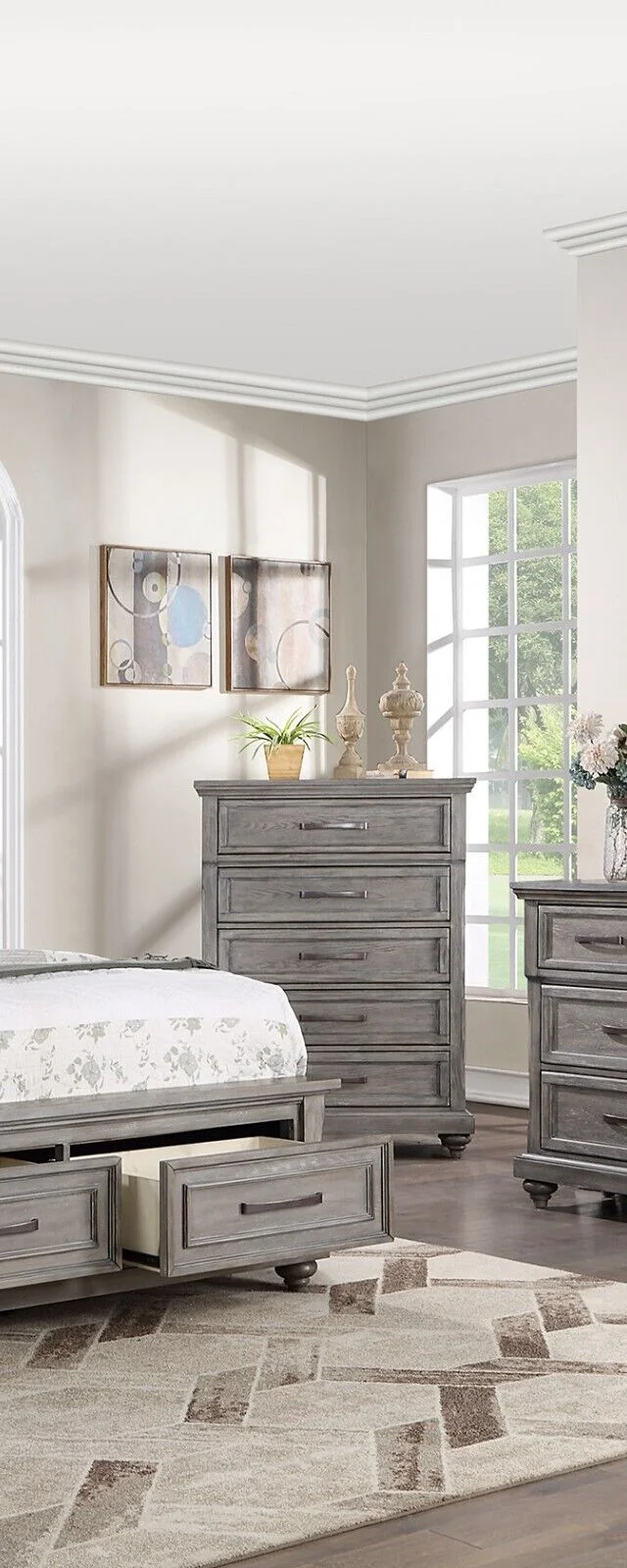 Contemporary Grey Hues Veneer 6pc Bedroom Furniture Queen Size Bed Dresser Mirror 2x Nightstands Chest Storage FB Plywood