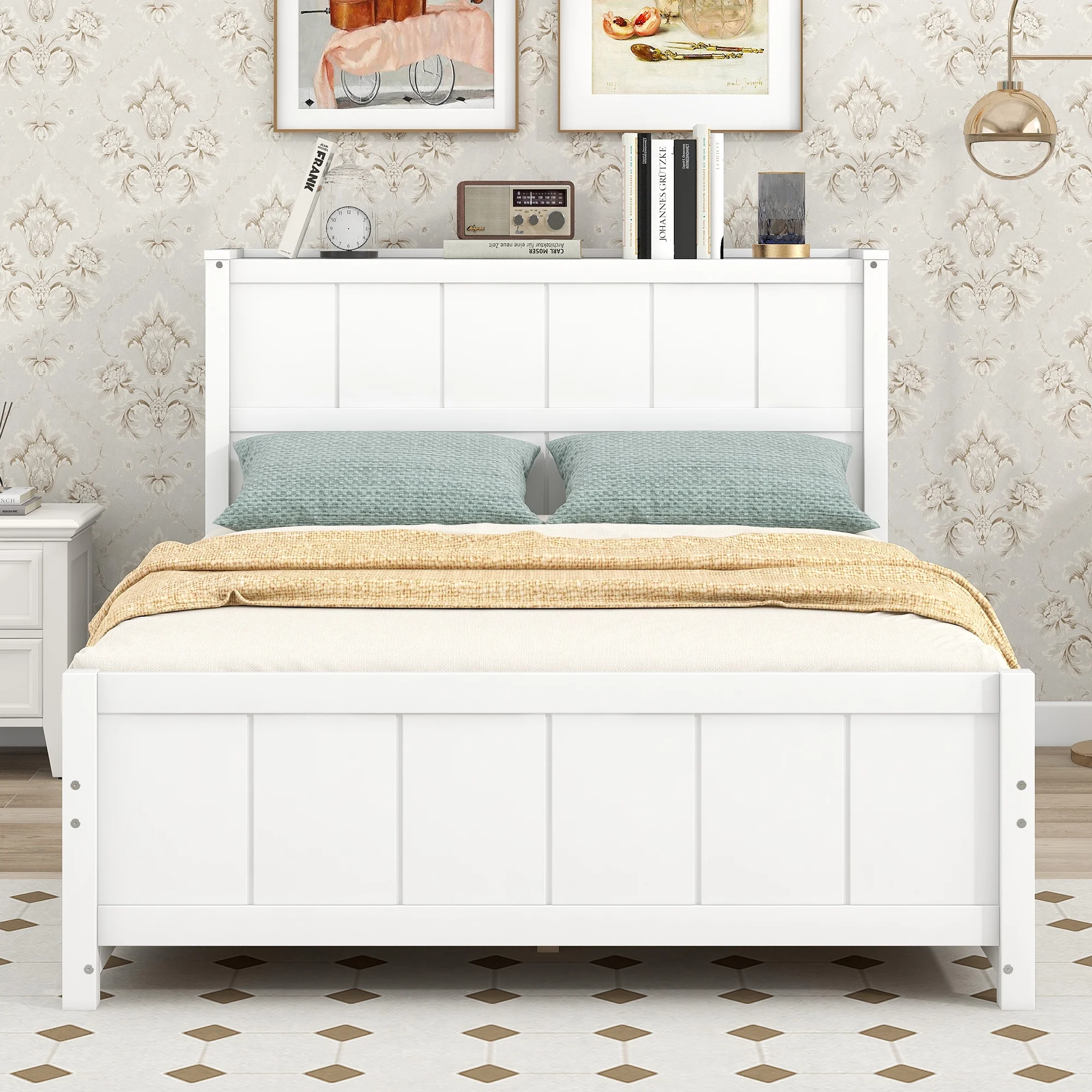 CoSoTower Full Size Platform Bed with Drawers and Storage Shelves, White
