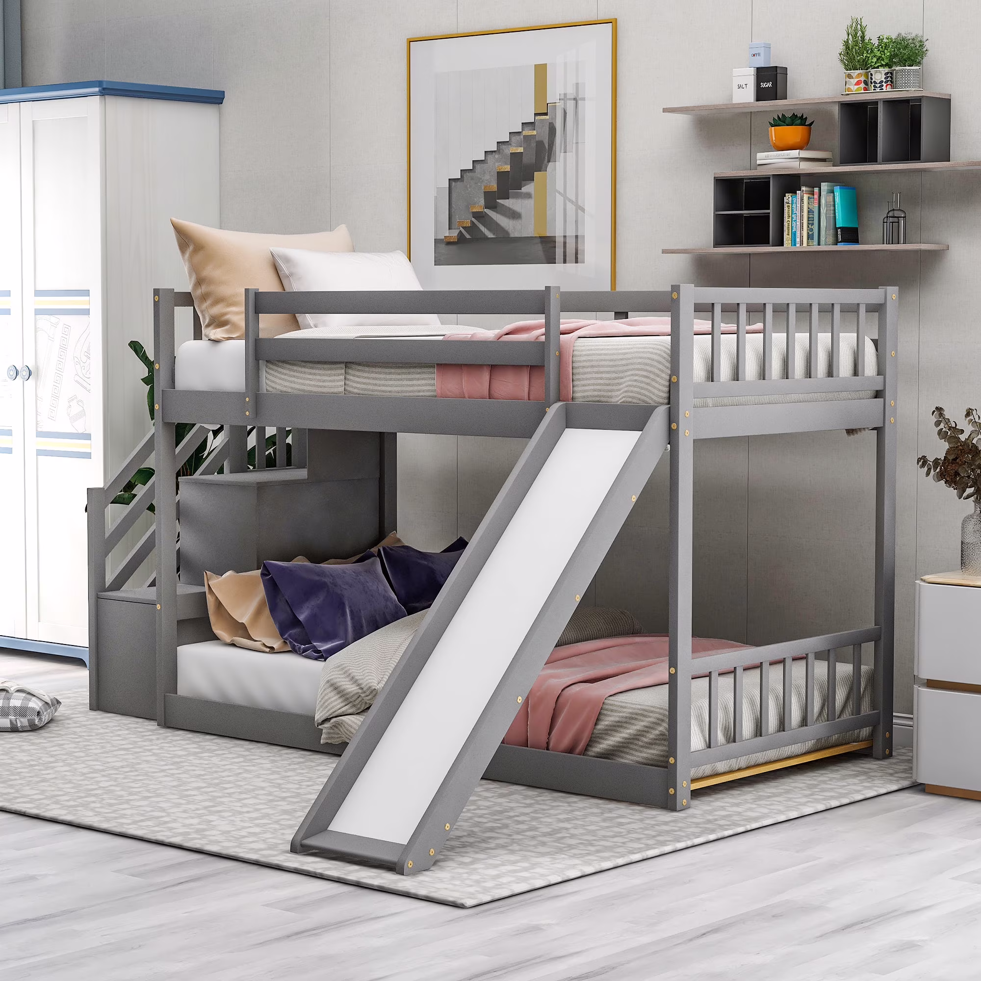 Nestfair Gray Twin over Twin Bunk Bed with Convertible Slide and Stairway