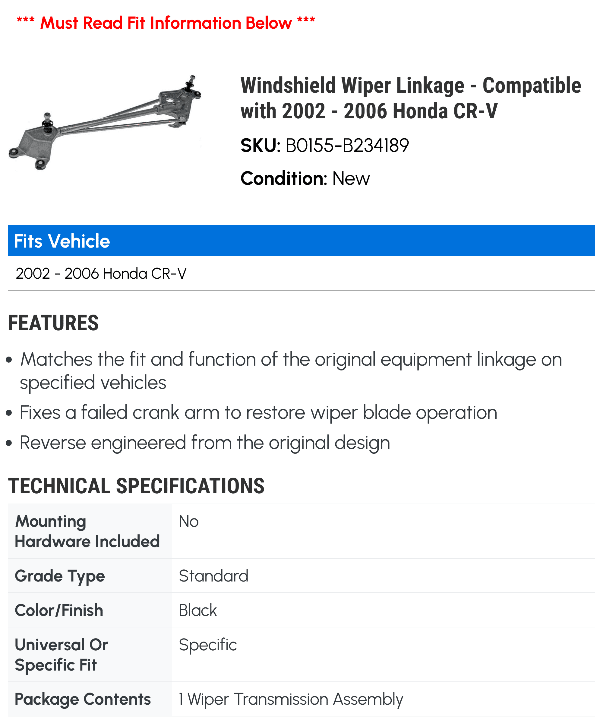Windshield Wiper Linkage - Compatible with 2002 - 2006 Honda CR-V 2003 2004 2005