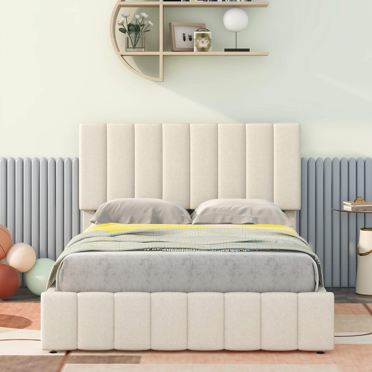 Upholstered Full Bed Frame With Storage Underneath, Full Size Platform Bed Frame With A Hydraulic Storage System, Wood Full Size Bed Frame With Headboard And Wood Slats,Beige