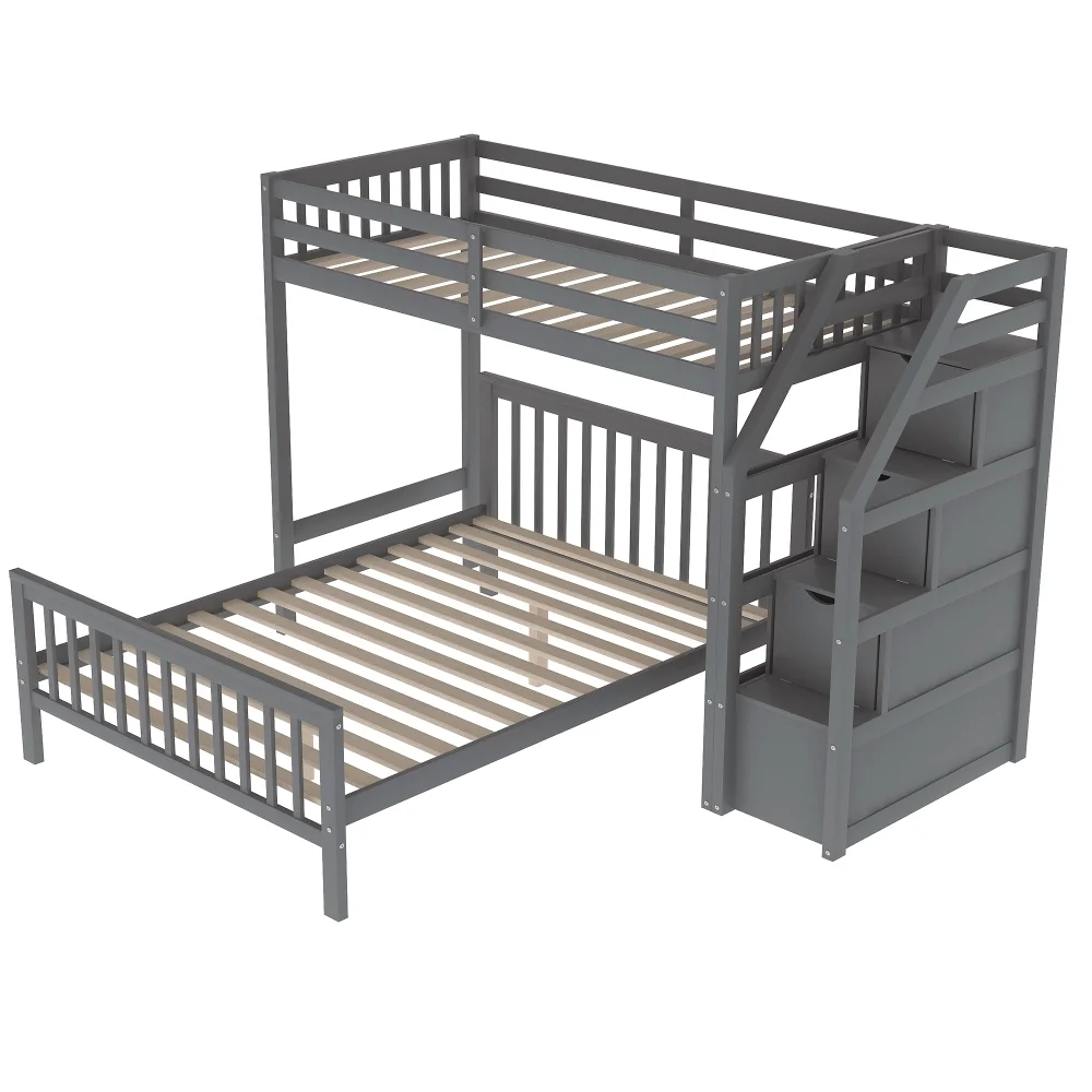 Cosymart Twin over Full Loft Bed with Staircase,Gray(OLD SKU:SM000107AAE)