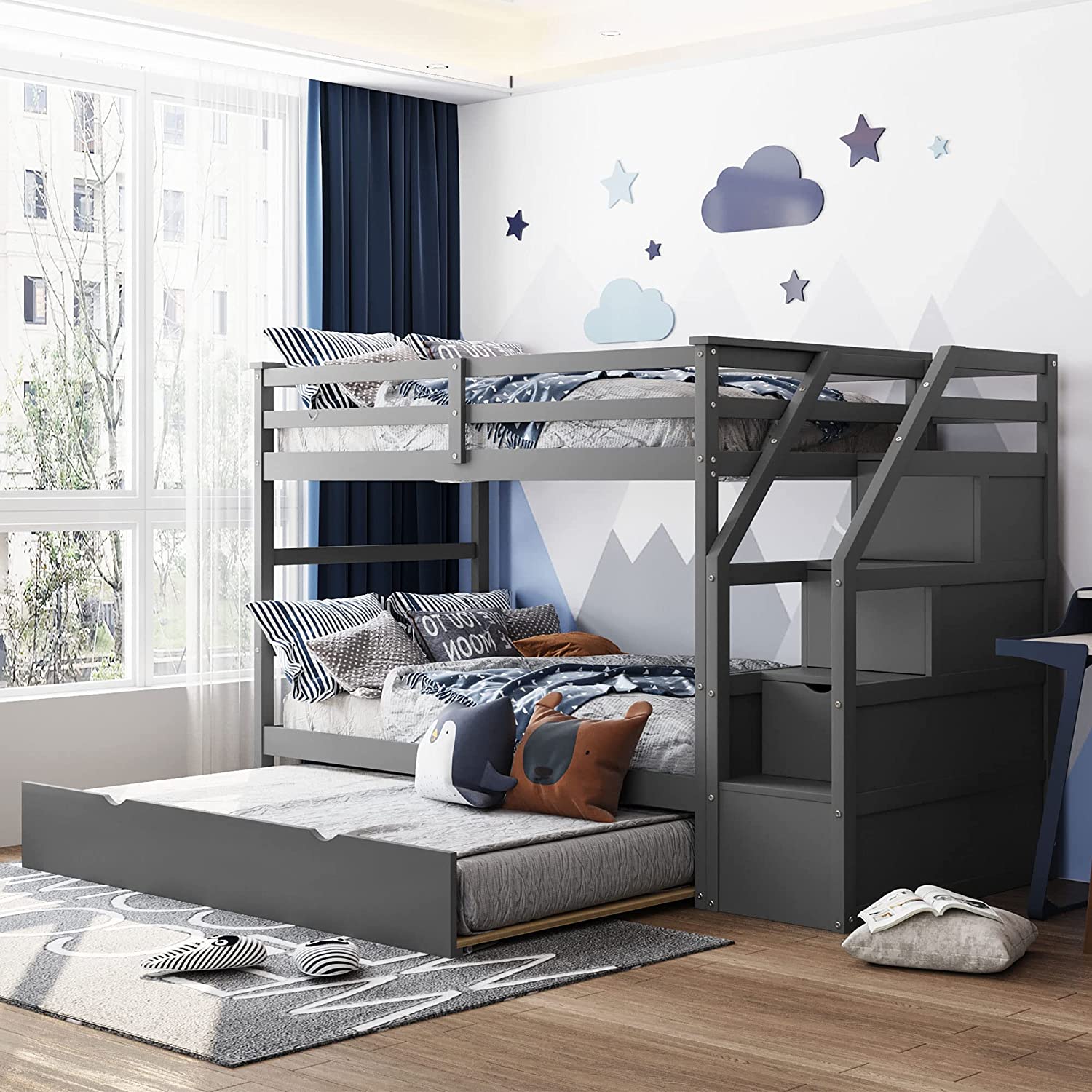 Over Bunk Bed Size Trundle And 3 Storage Stairs, Wooden Over Bed Frame Storage Drawers And Safety Rail Ladder Teens Bedroom Bed, Guest Room (Gray)