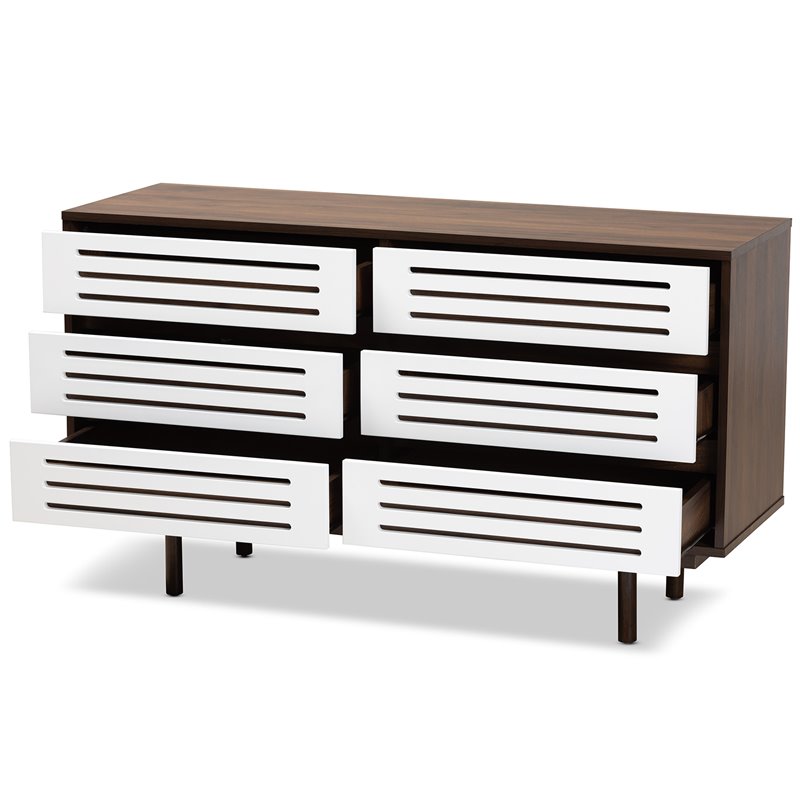 Hawthorne Collections 6 Drawer Wooden Double Dresser in Walnut and White