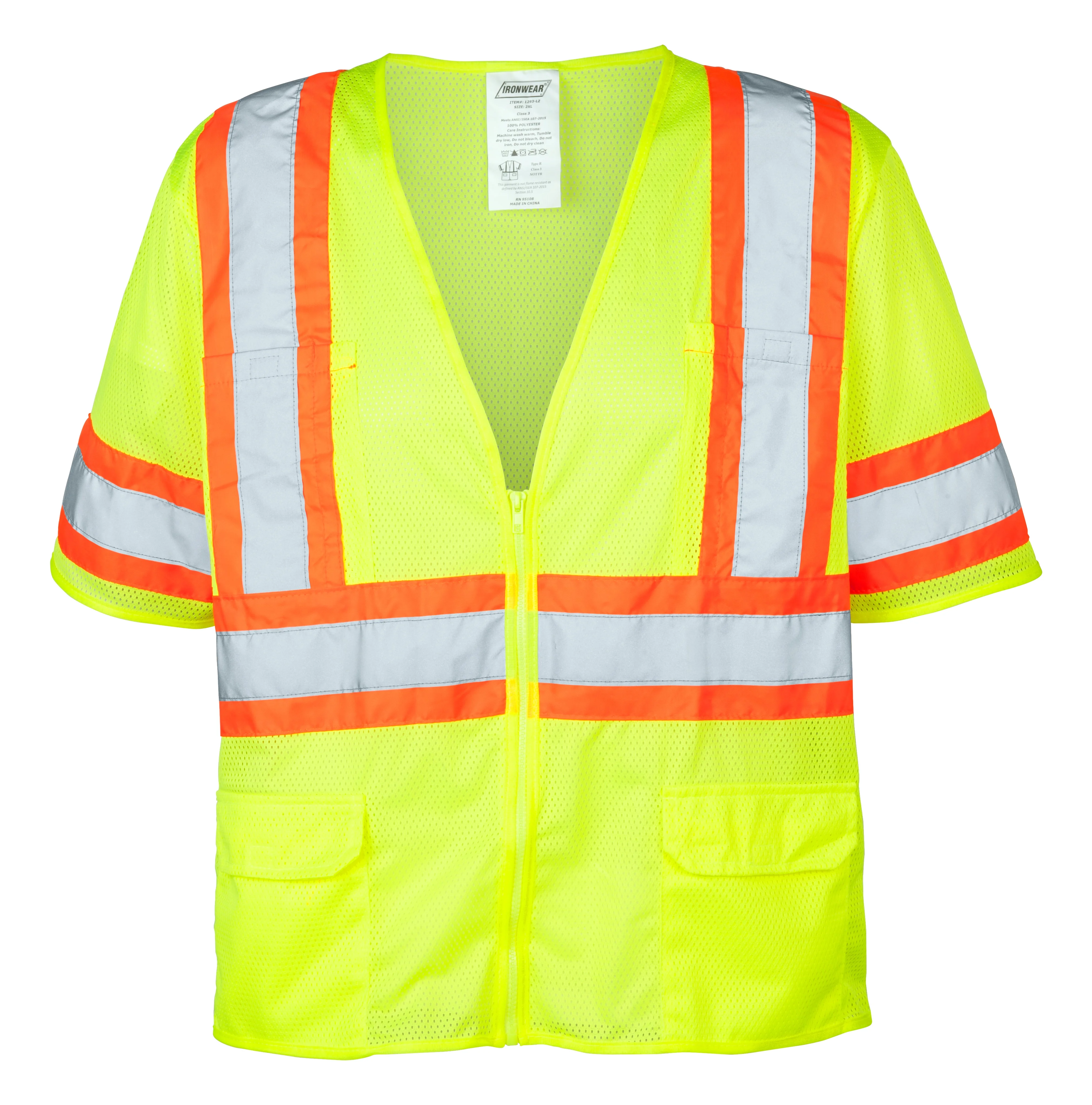 Ironwear 1293 Class 3 Polyester Mesh Safety Vest w/ Zipper & 6 Pockets