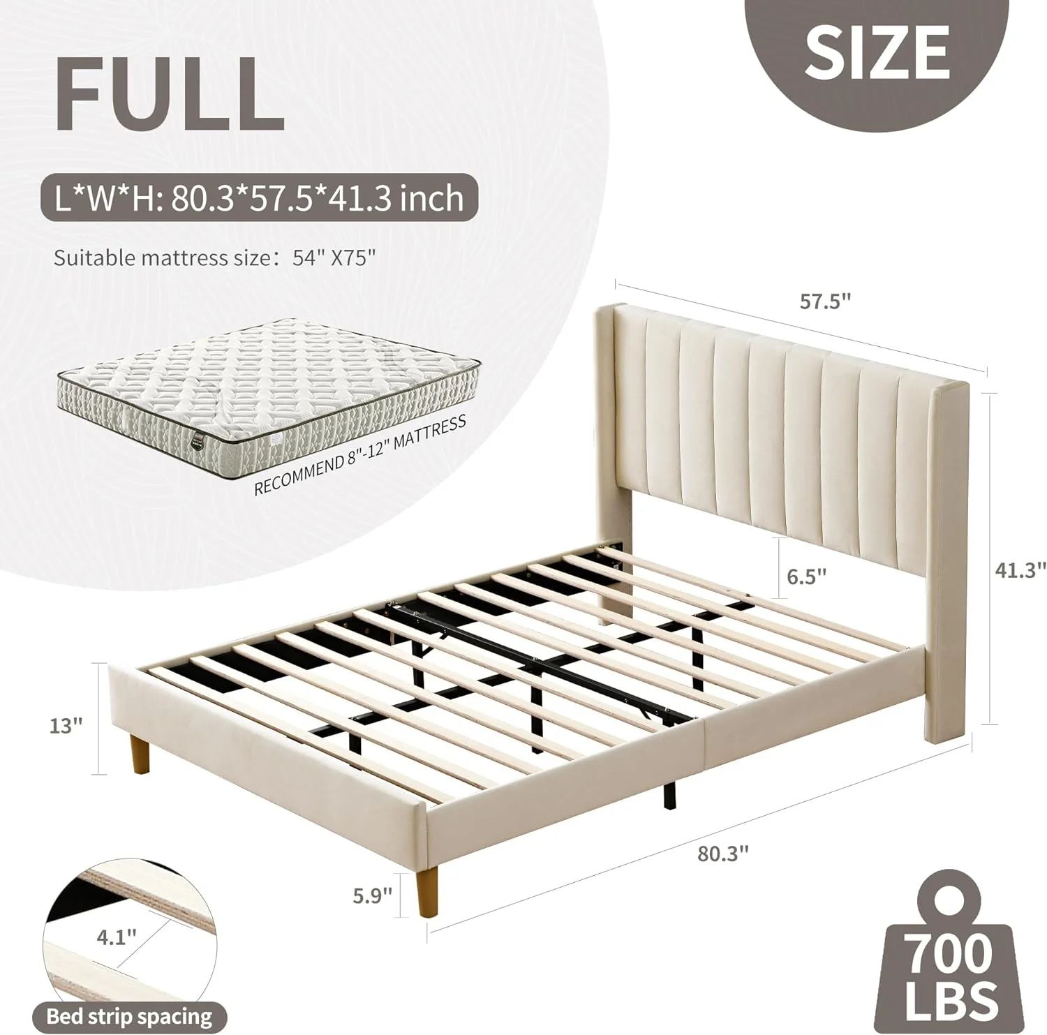 YGDU upholstered Platform Bed Frame/Twin Bed Frame/Modern Geometric Double-Wing Design headboard/Flannel and Linen Fabric/Easy to Assemble no Noise (Cream, Full)