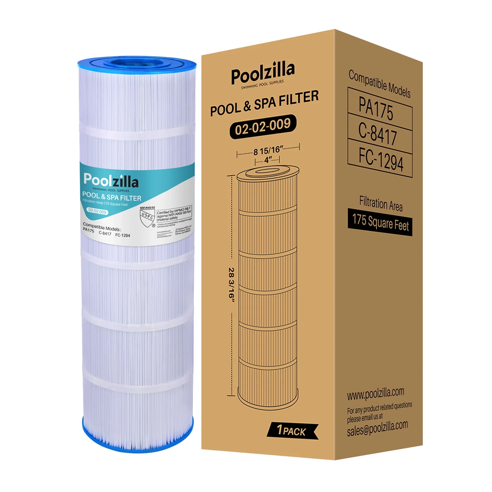 Poolzilla 1 Pack Pool Filter Replacement Cartridge for PLF175A, Filbur FC-1294, Hayward C1750, CX1750RE, PA175, Unicel C-8417, Waterway PCCF-175, 25230-0175S, 817-0175P, Sta Rite PXC 175